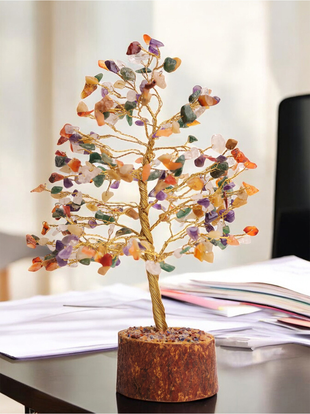 Shubhanjali Multi Chakra Tree 300 Chips Yellow Stone Natural Living Room Small Showpiece - 10 Inches