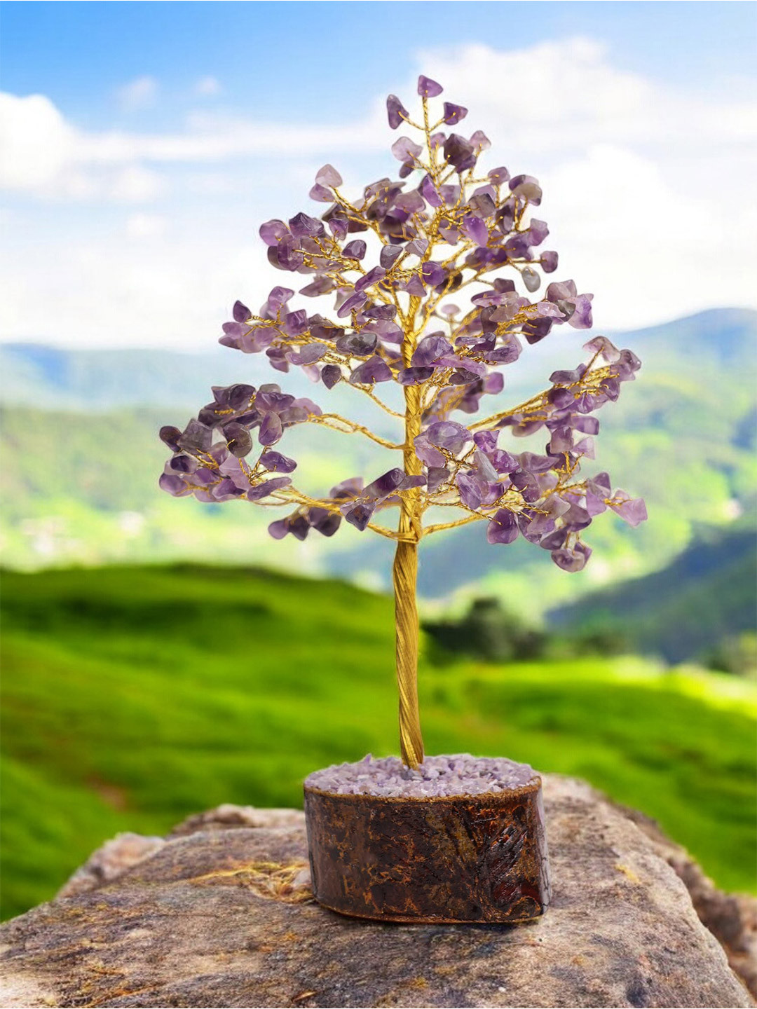 Shubhanjali Amethyst Tree 300 Chips Purple Stone Natural Living Room Medium Showpiece - 10 Inches