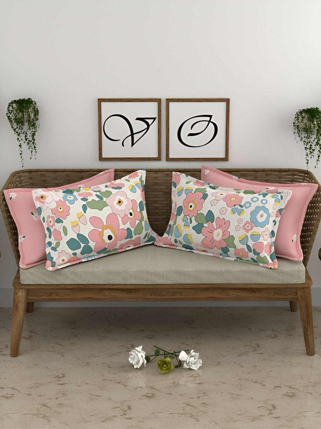CHHAVI INDIA Pink & White 4 Pieces Self Design Pure Cotton Rectangle Pillow Covers
