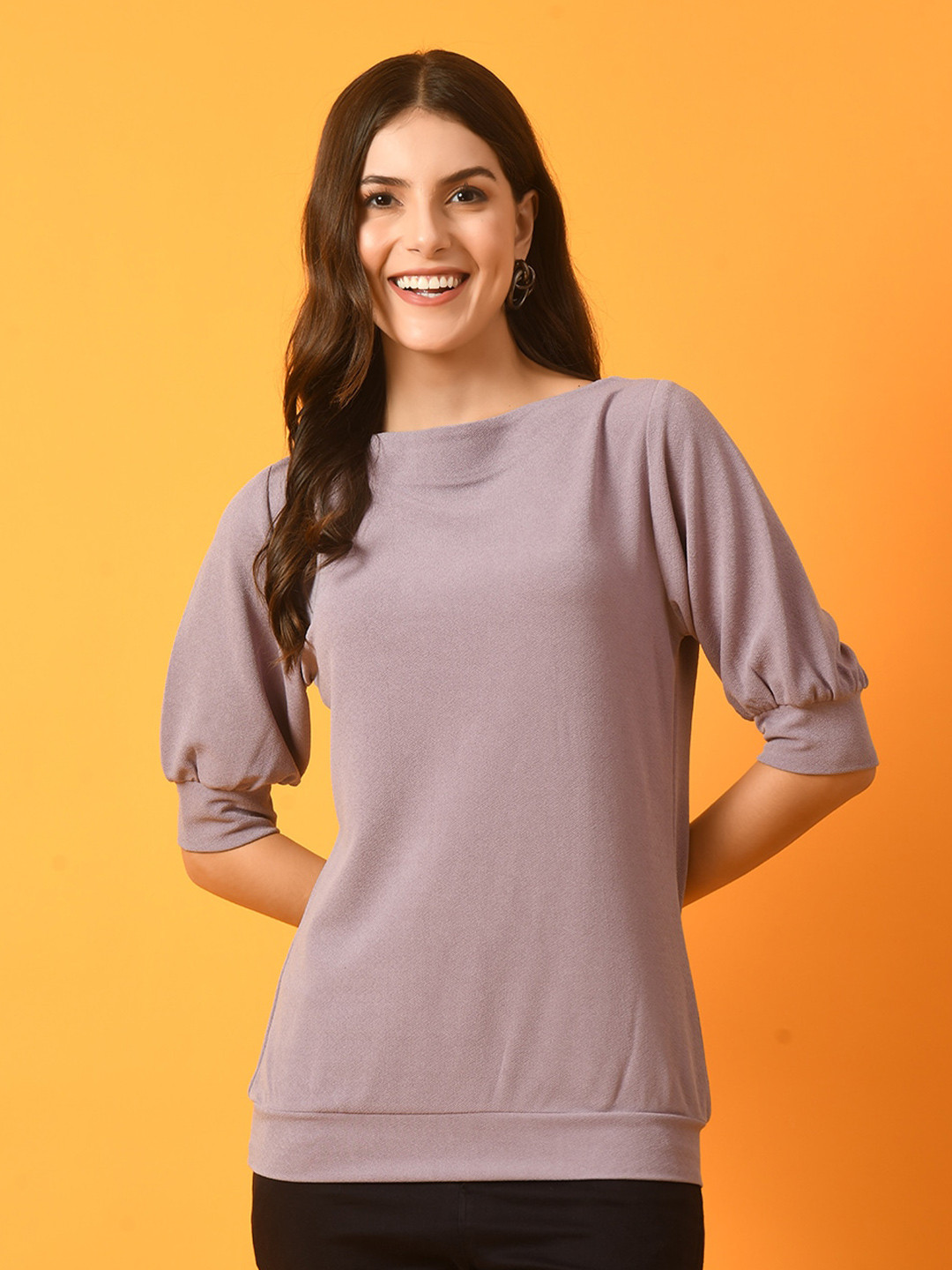 DressBerry Lavender Boat Neck Cuffed Sleeves Top