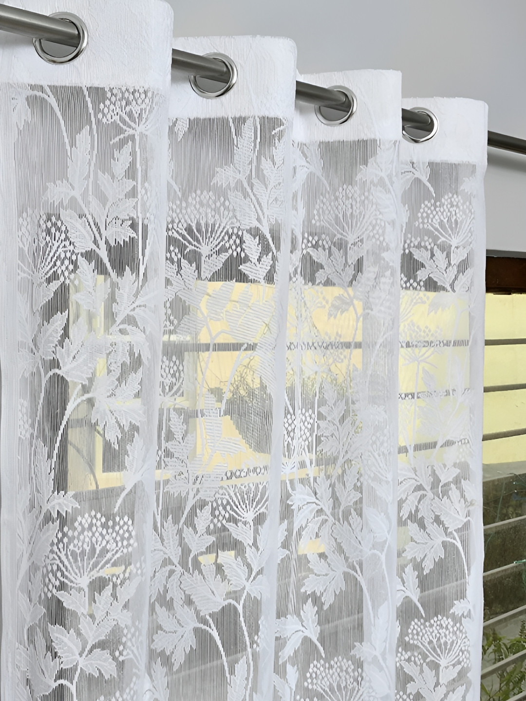 RIDHAAN White 2Pcs Floral Sheer Eyelet Window Curtains