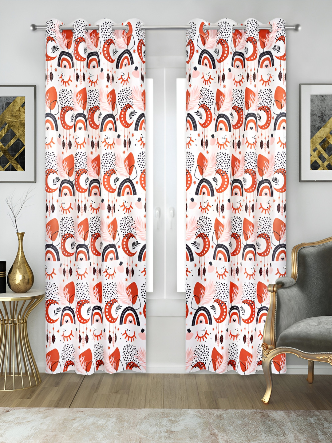 Vendola Orange & White 2 Pcs Black Out Window Curtain