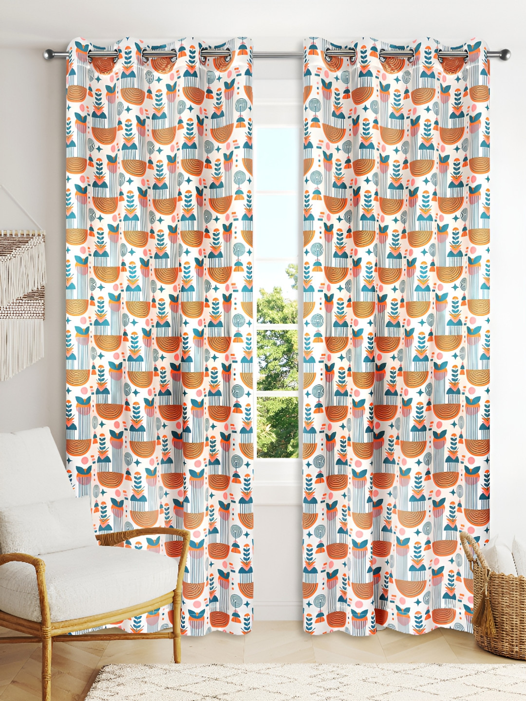 Vendola White & Orange 2 Pcs Floral Black Out Window Curtain