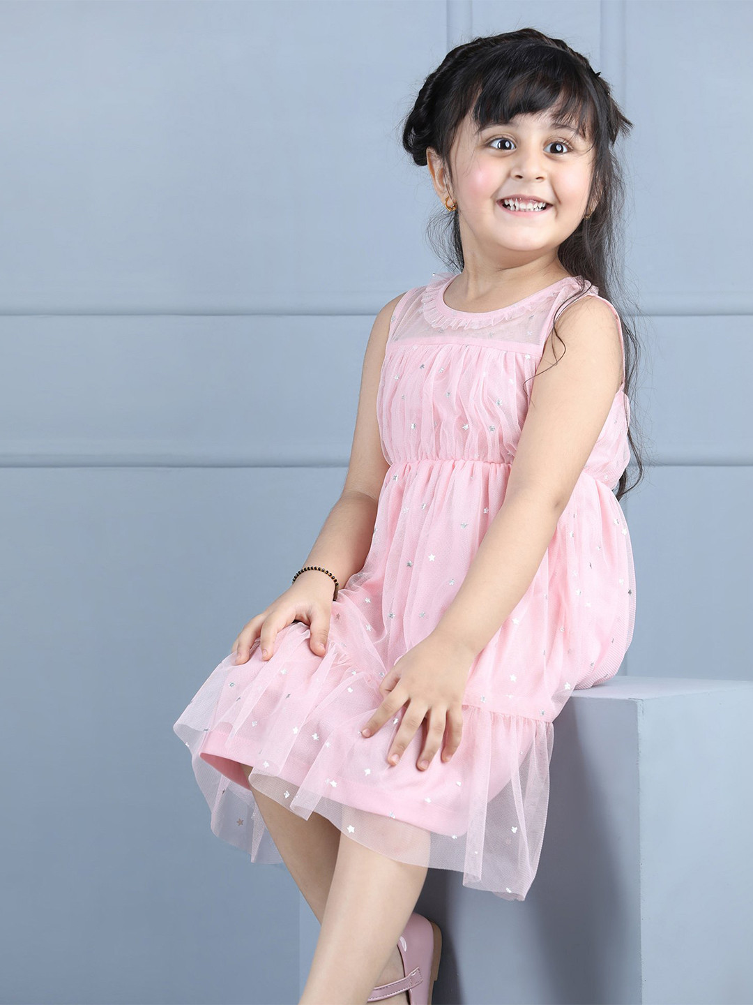 Hola Bonita Girls Round Neck Floral Ruffled Net Fit & Flare Dress