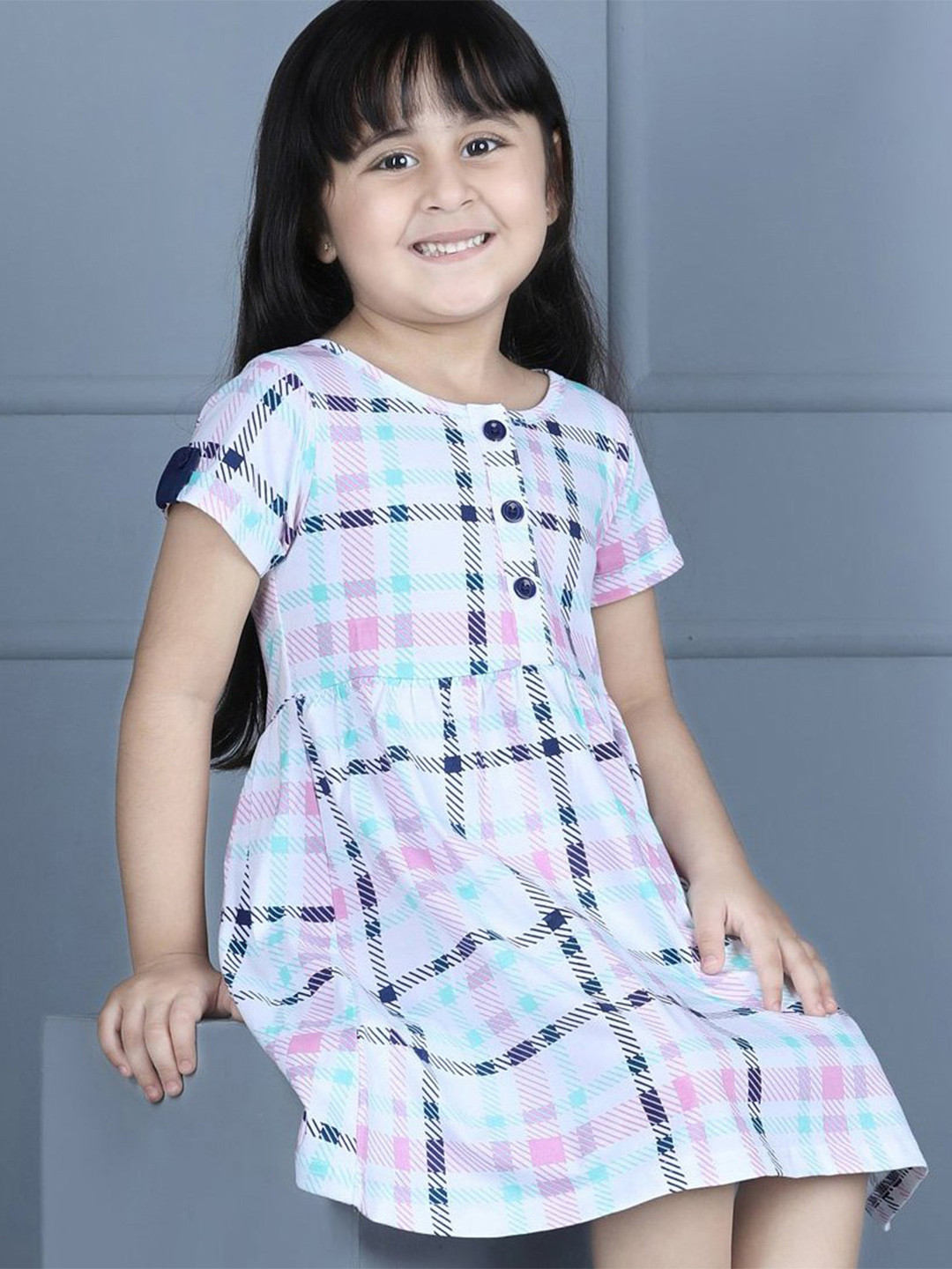 Hola Bonita Girls Checked Cotton A-Line Mini Dress