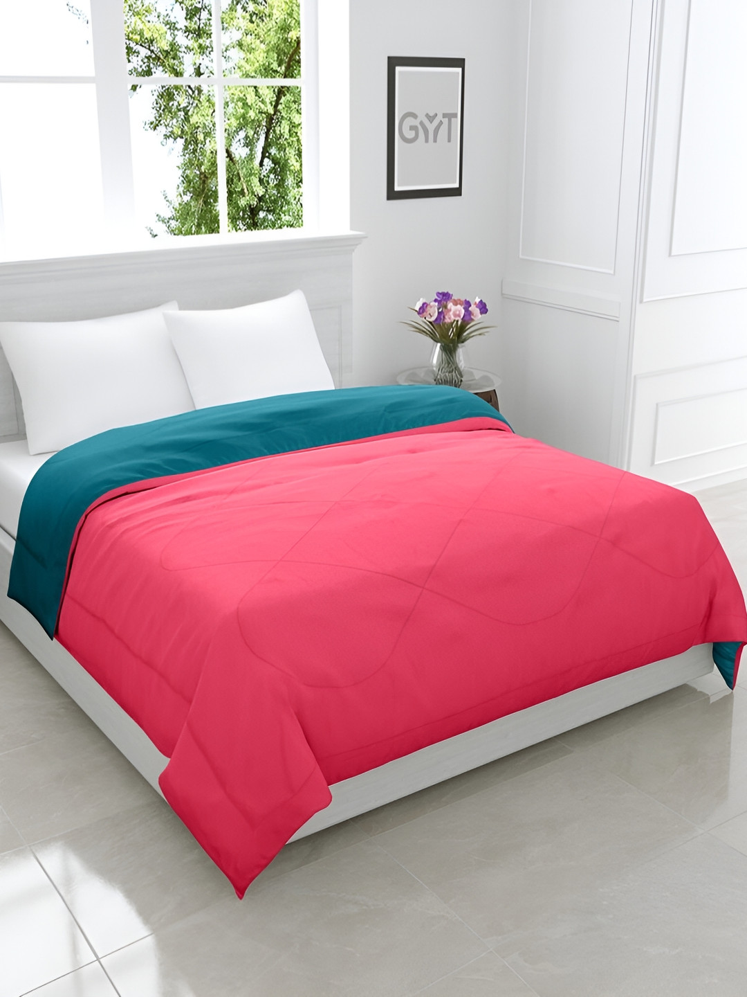 RF RELAXFEEL Pink & Green Geometric Heavy Winter 233 GSM Double Bed Quilt