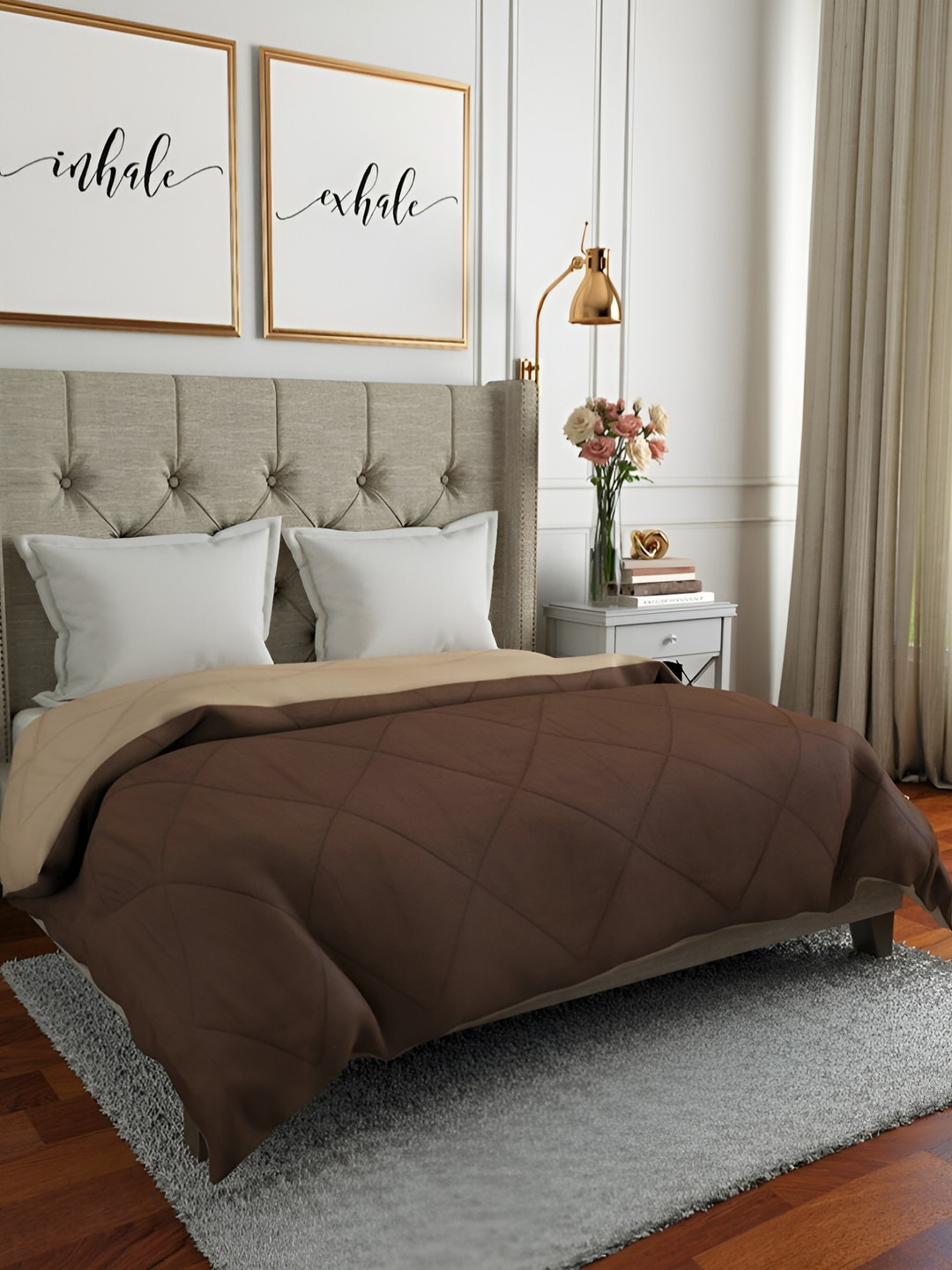 RF RELAXFEEL Brown & Cream-Coloured Geometric Heavy Winter 233 GSM Double Bed Quilt