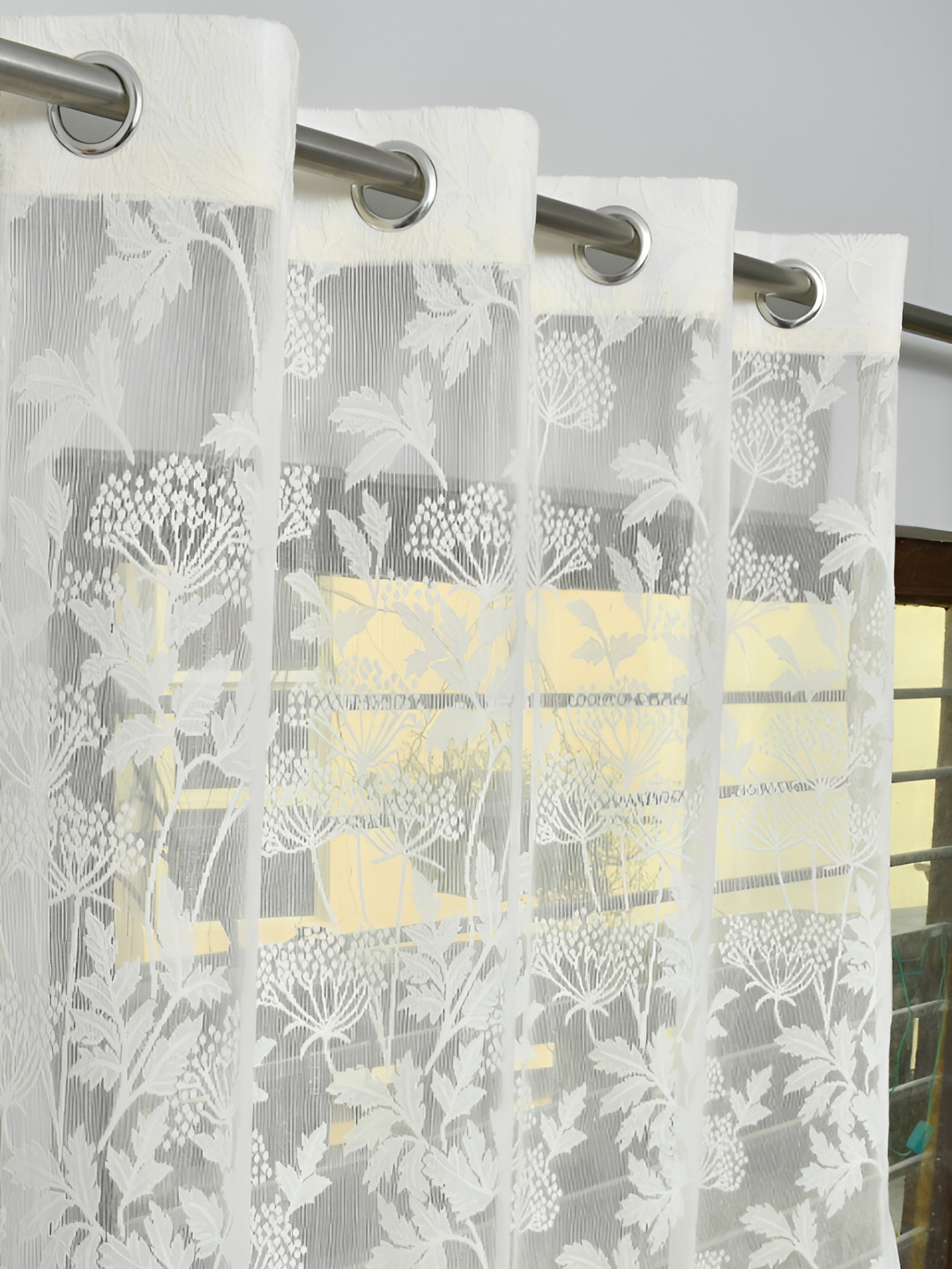 RIDHAAN Cream & Silver-Toned Floral Sheer Eyelet Window Curtain