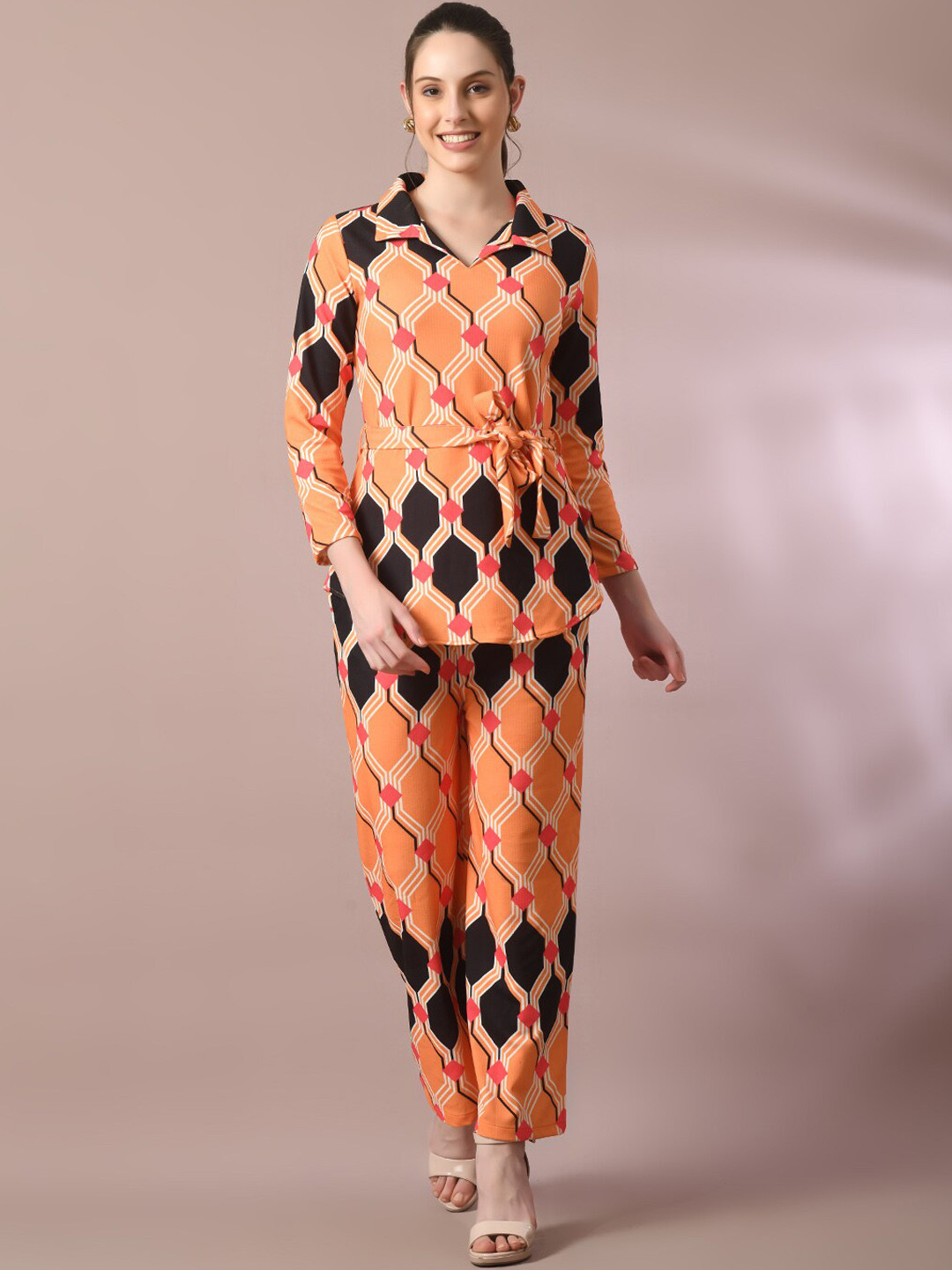 DressBerry Orange Geometric Printed Shirt-Collar Tie Up Top With Trouser