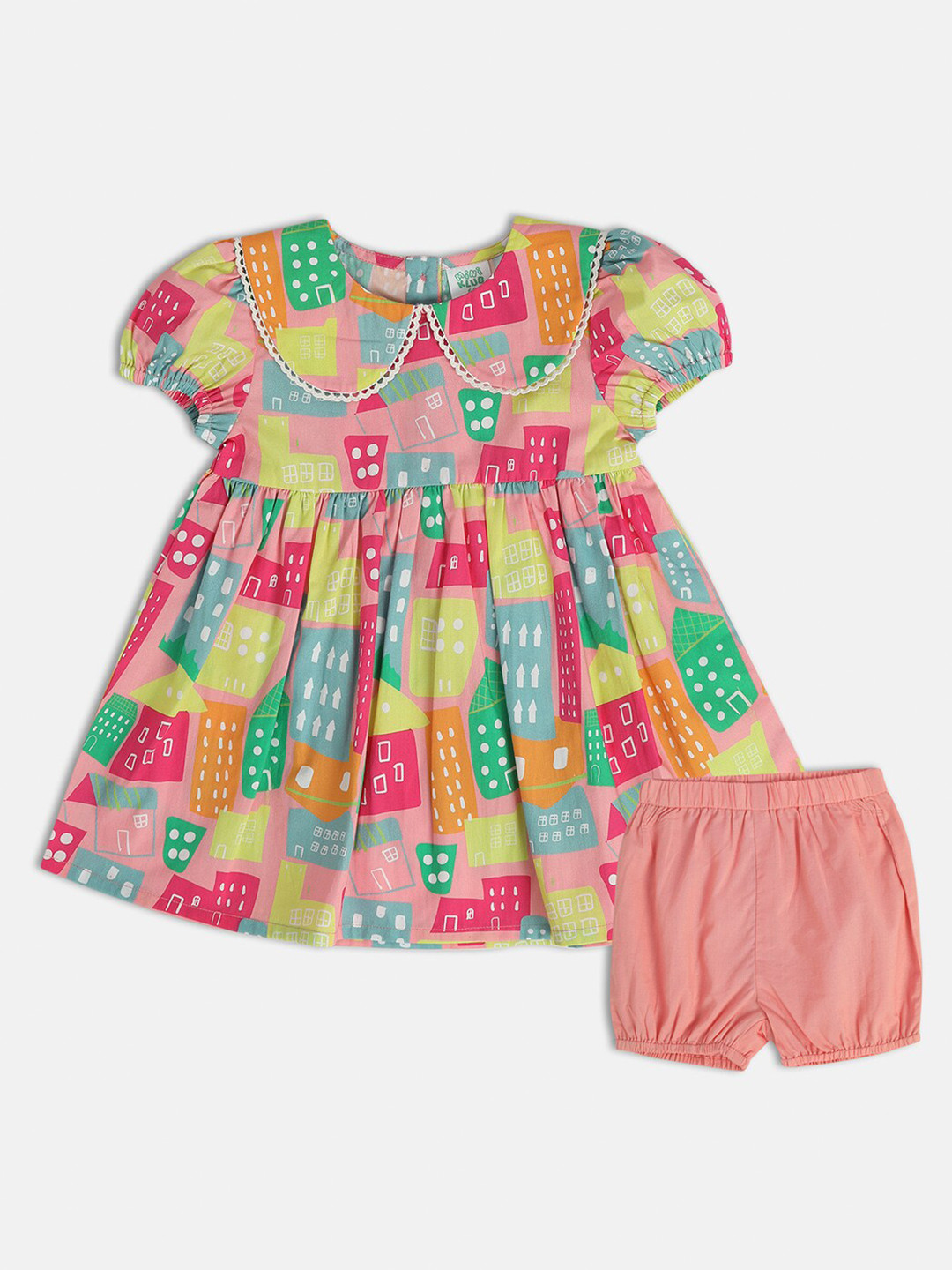 MINI KLUB Graphic Printed Round Neck Cap Sleeves Cotton Fit & Flare Dress With Bloomer