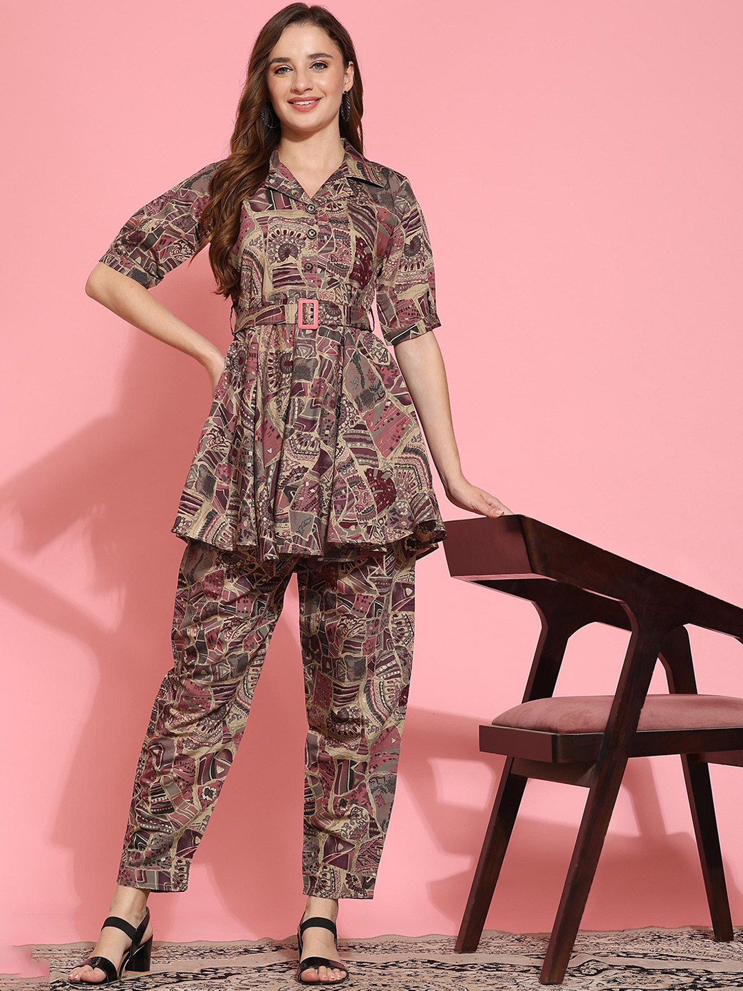 Grey and Purple Printed Tunic with Trousers Ethnic Co-Ords