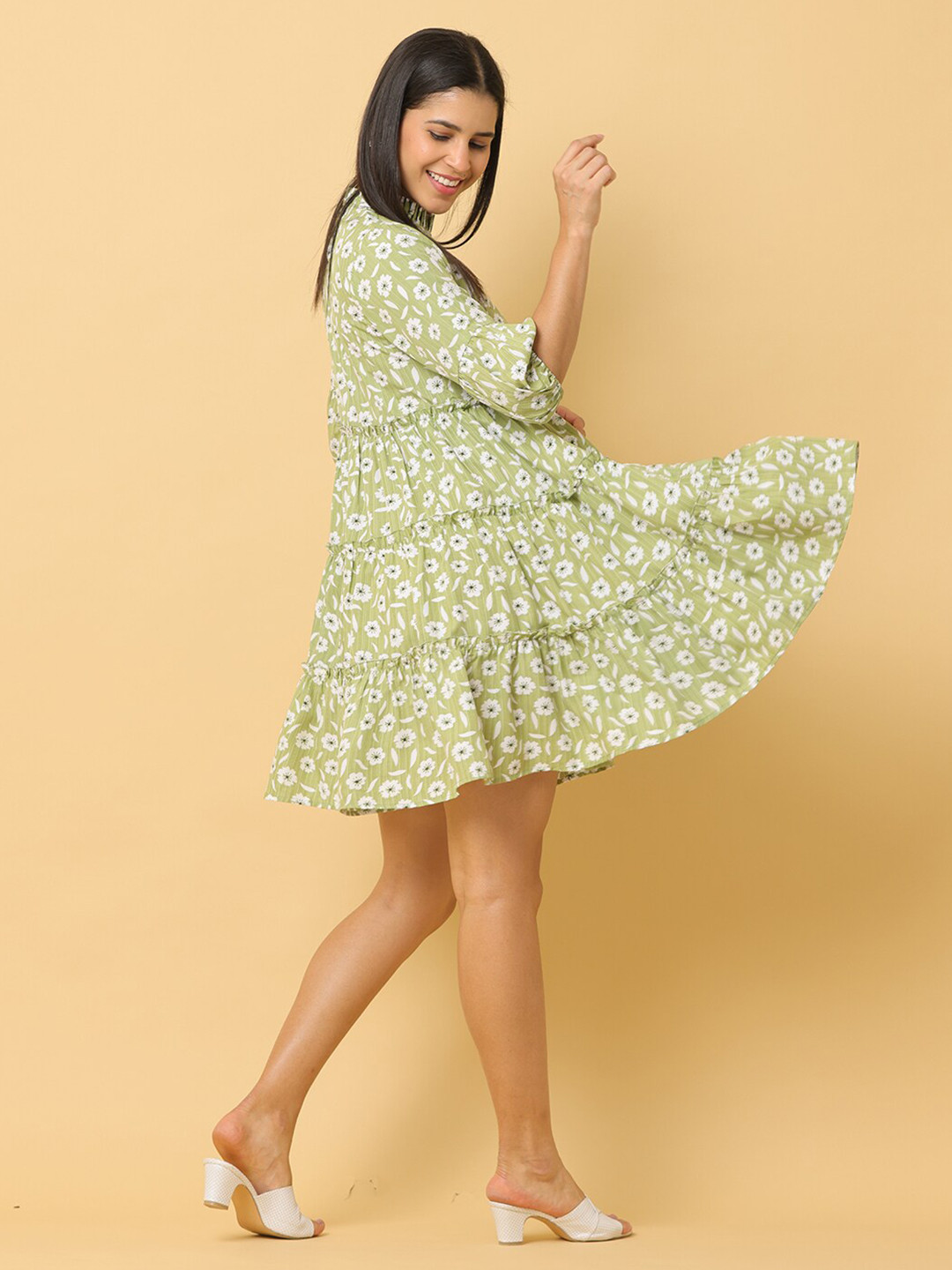Cora Floral Print High Neck Three-Quarter Sleeves Bell Sleeve Tiered Fit & Flare Dress