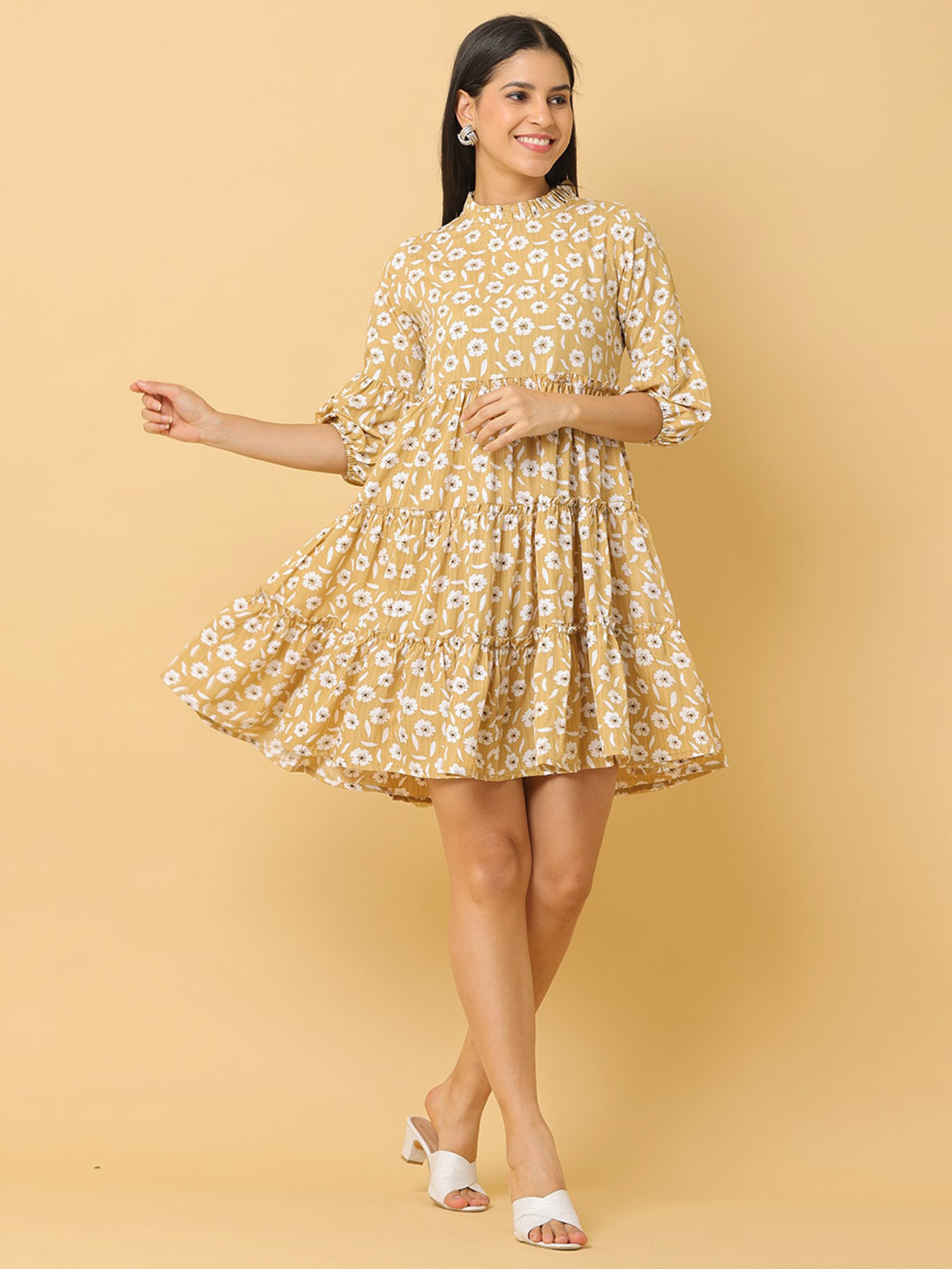 Cora Floral Print High Neck Puff Sleeves Crepe Tiered Fit & Flare Mini Dress