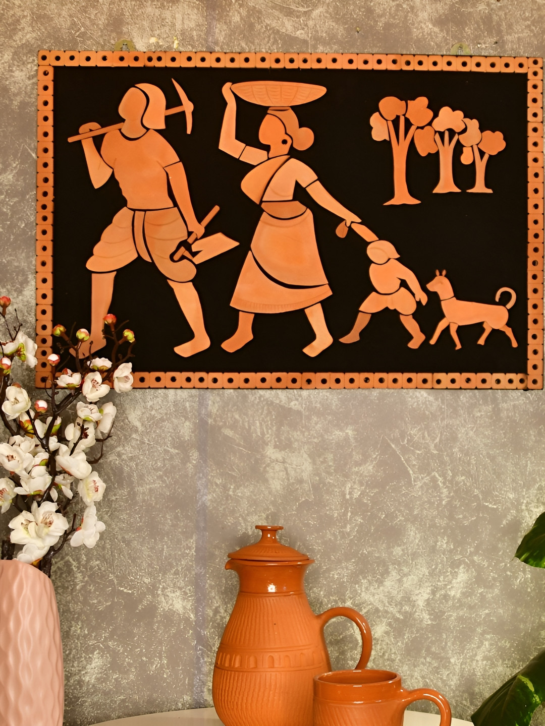 SOWPEACE Brown & Black Textured Tribal Couple Paintings Wall Art