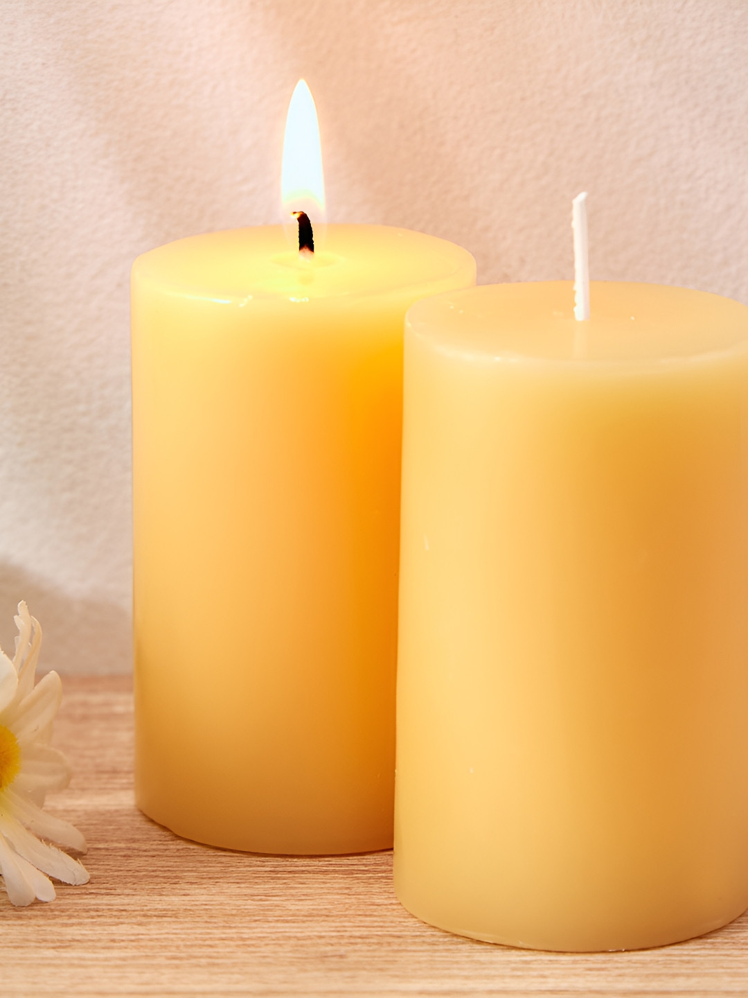 Home Centre Colour Refresh 2Pcs 1 Wick Citrus Solid Geometric Regular Pillar Candles