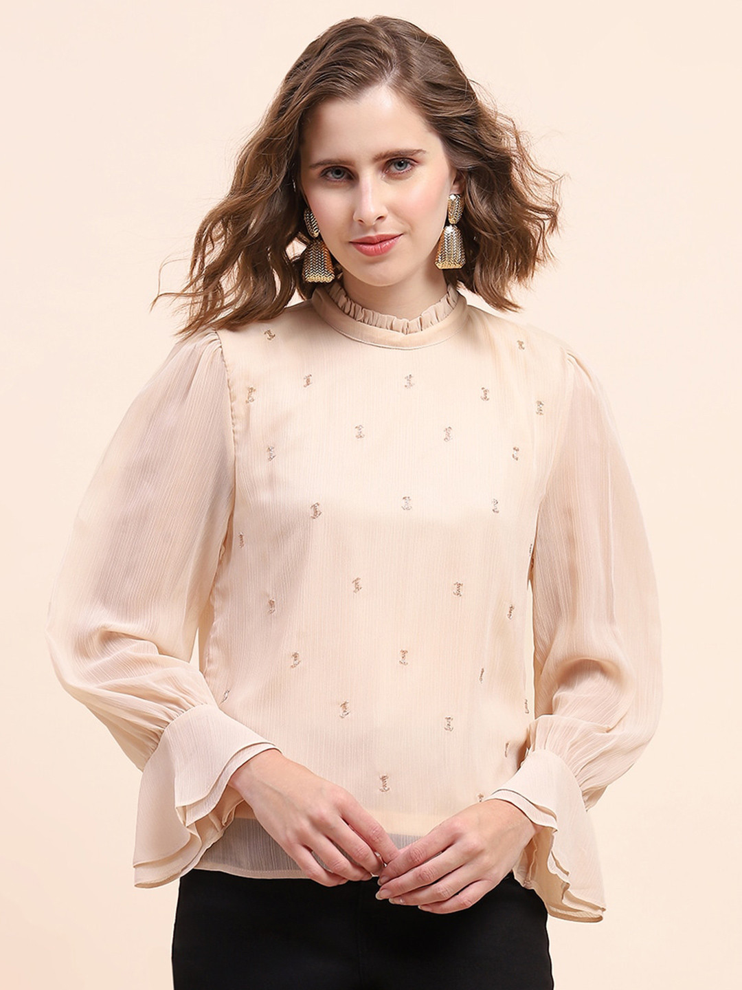 CAMLA Self Design High Neck Bell Sleeve Top