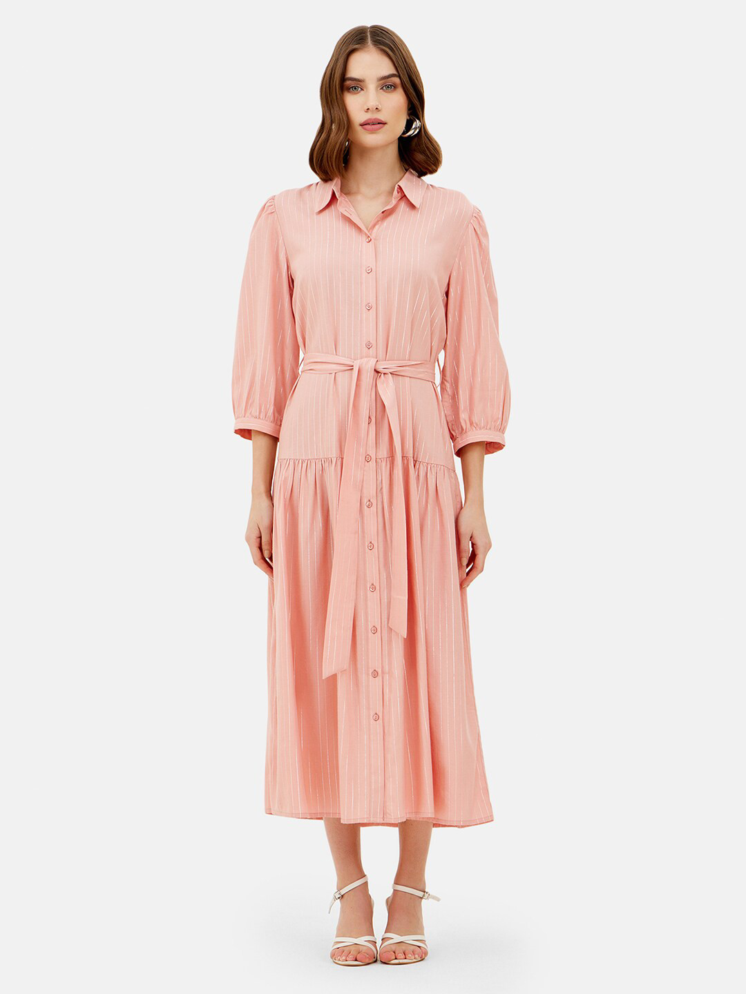 Kazo Striped Cuffed Sleeves Shirt Midi Dress