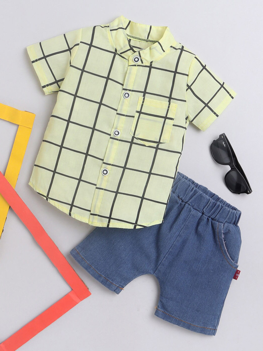 BAESD Boys Checked Pure Cotton Mandarin Collar Shirt With Short