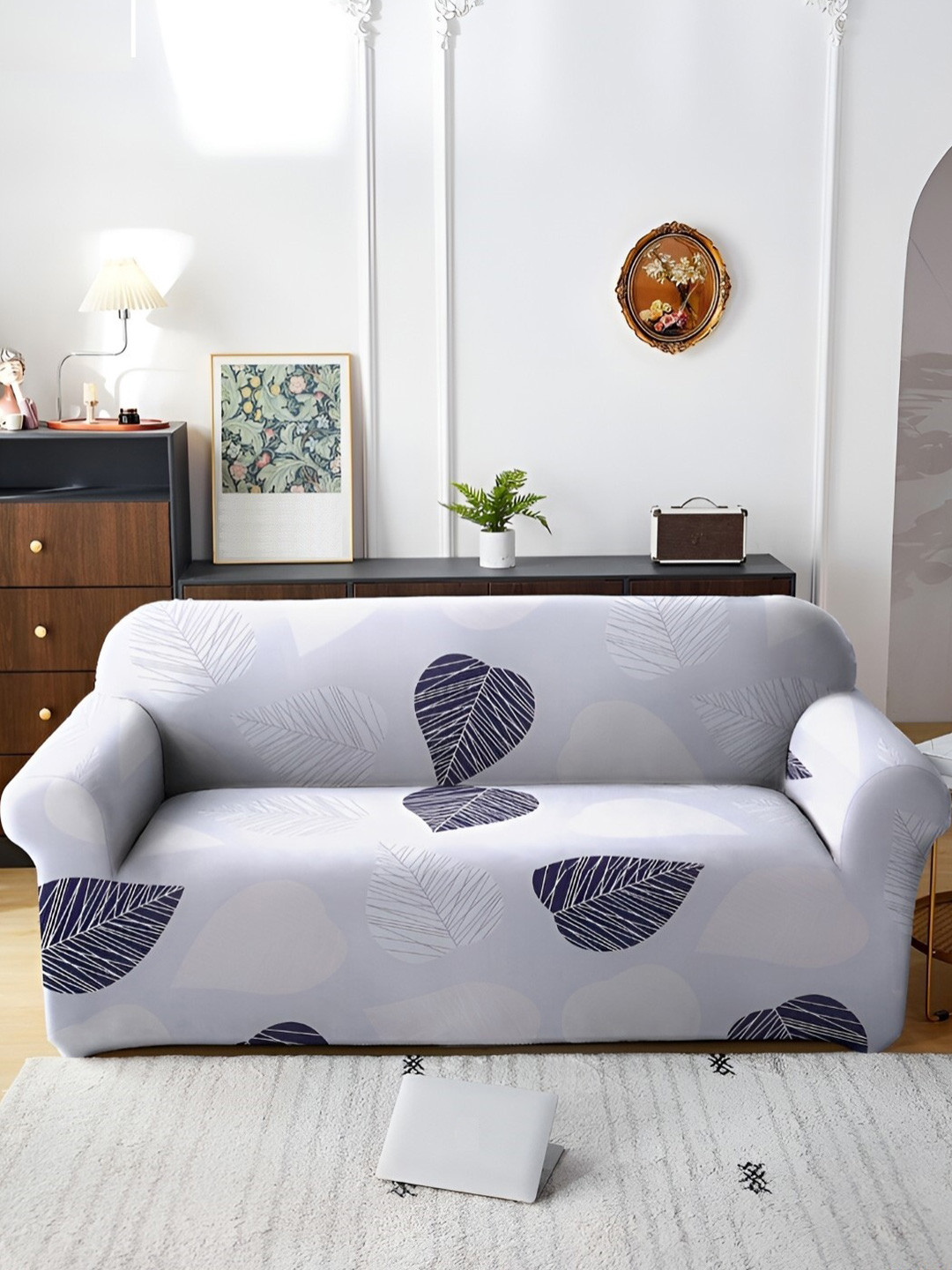Aura Lavender & Grey Printed Double Seater Sofa Cover With Arms