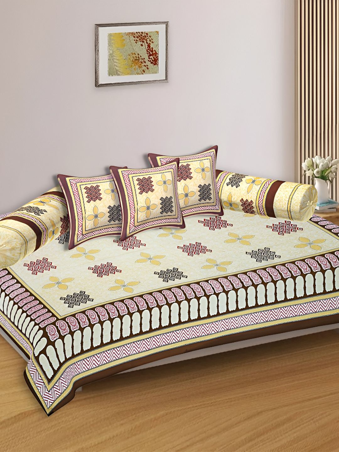 Texstylers Rust Brown & Beige 6 Pieces Printed Cotton Diwan Set