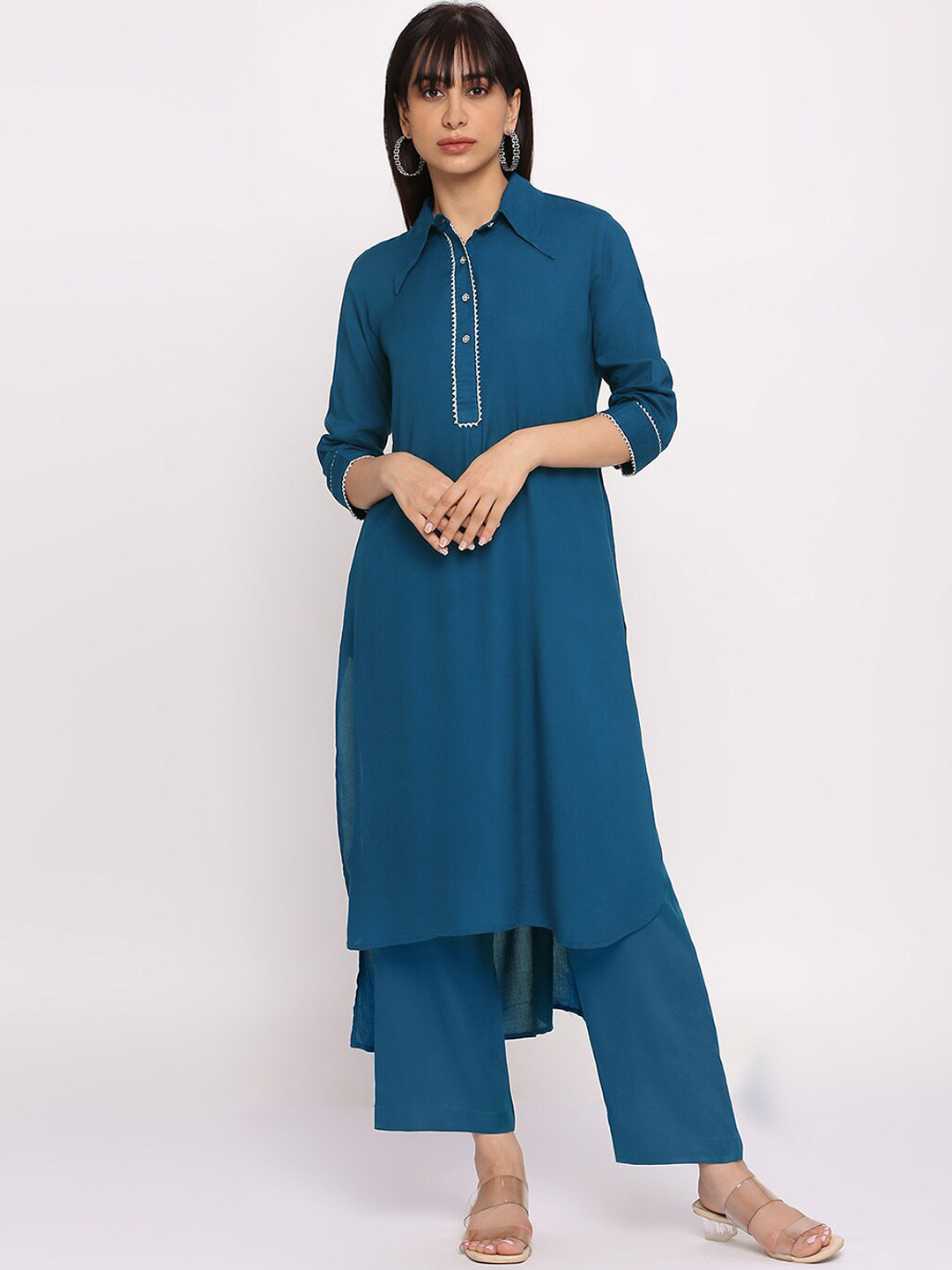 Pink Guava Shirt Collar Gotta Patti Straight High Low Kurta with Palazzos