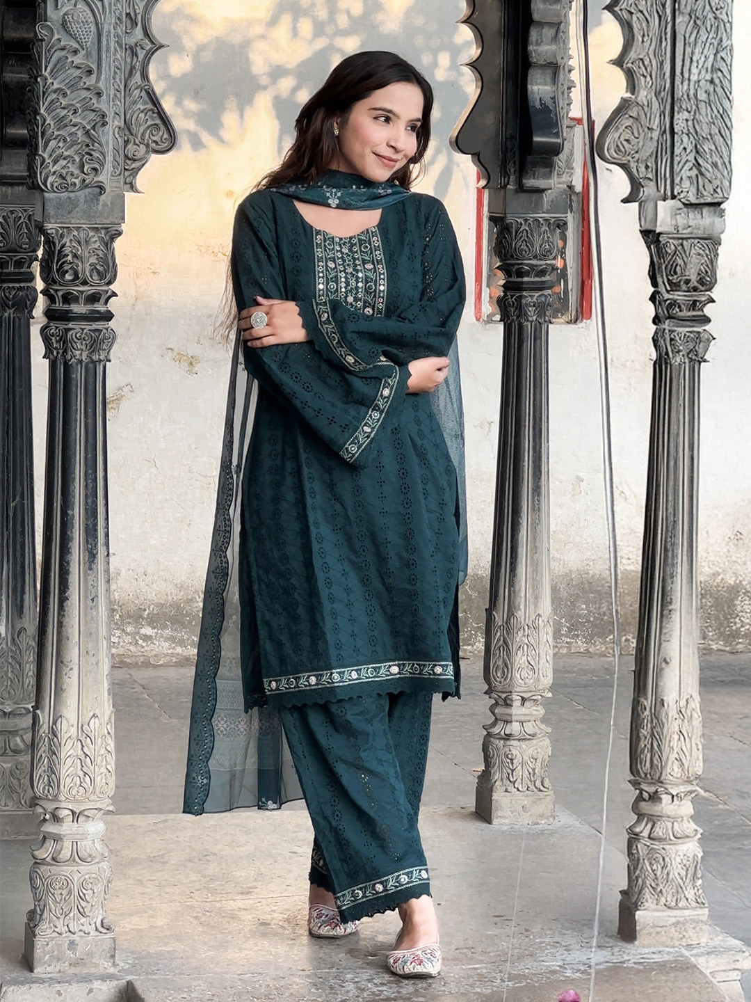 Ishin Embellished Yoke Cotton Schiffli Kurta with Lace Hemlined Pants & Art Silk Dupatta