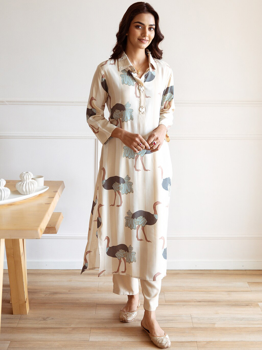 Ishin Animal Printed A-Line Pure Cotton Kurta with Trousers