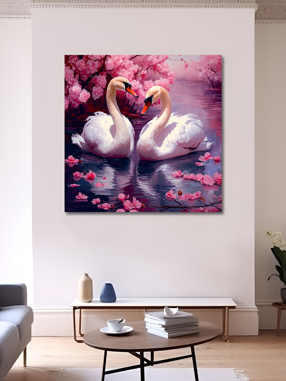 OLIVE TREE Pink & White 1 Piece Canvas Birds and Animals Wall Paintings