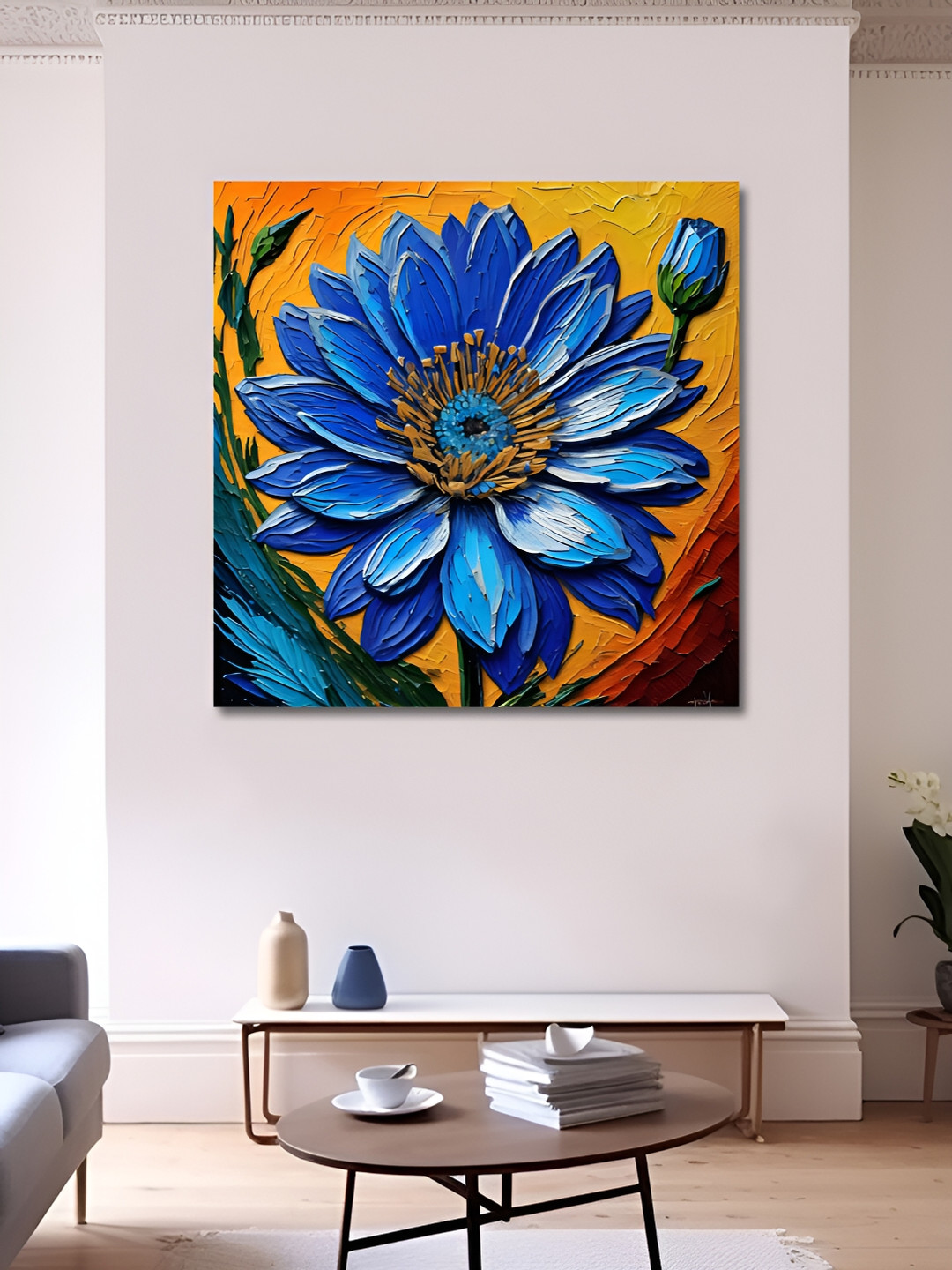 OLIVE TREE Orange & Blue Canvas Floral Wall Art