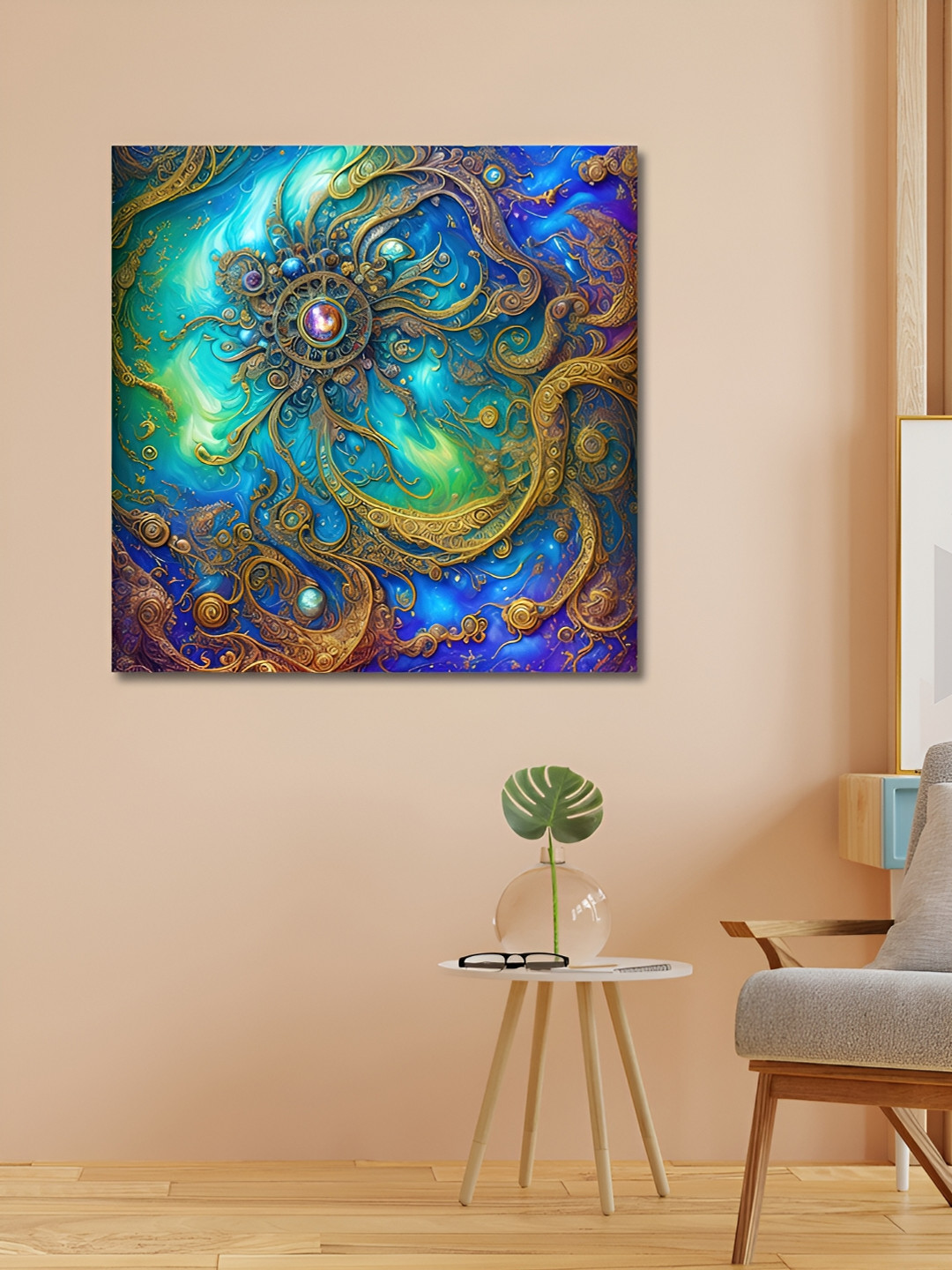 OLIVE TREE Blue & Gold-Toned Canvas Abstract Wall Art