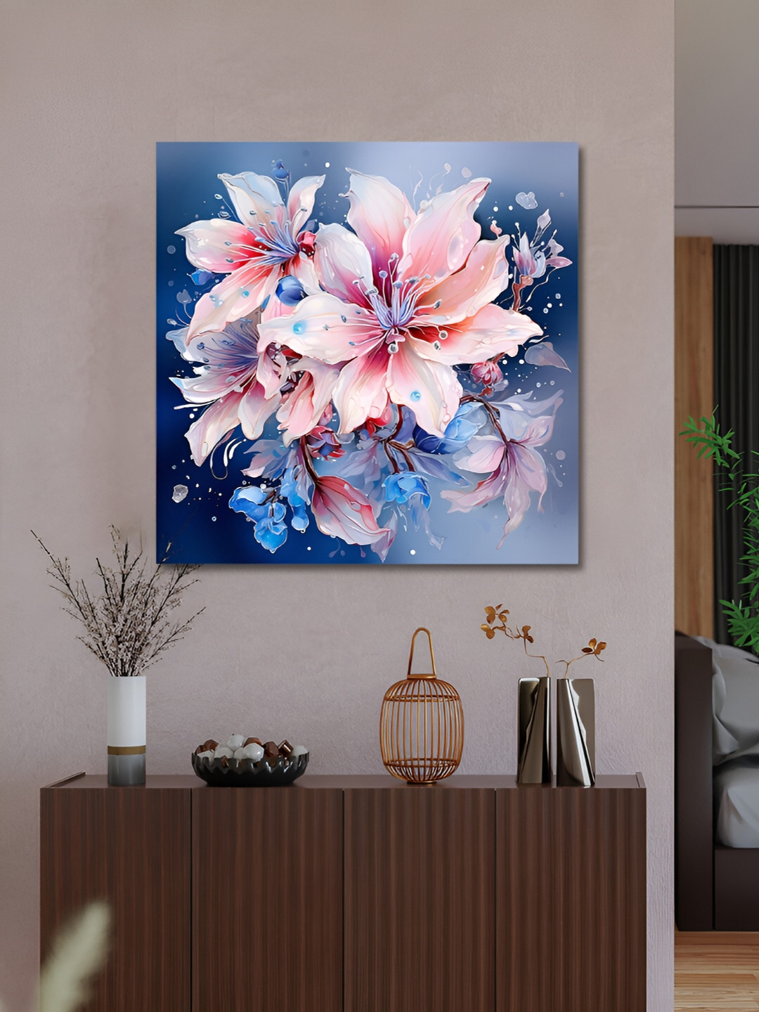 OLIVE TREE Pink & Blue Canvas Floral Wall Art