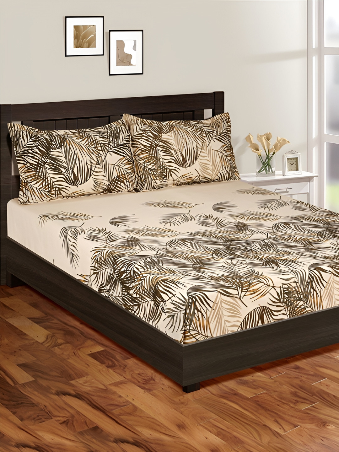 Aura Beige & Green Floral Cotton 144 TC Queen Bedsheet With 2 Pillow Covers