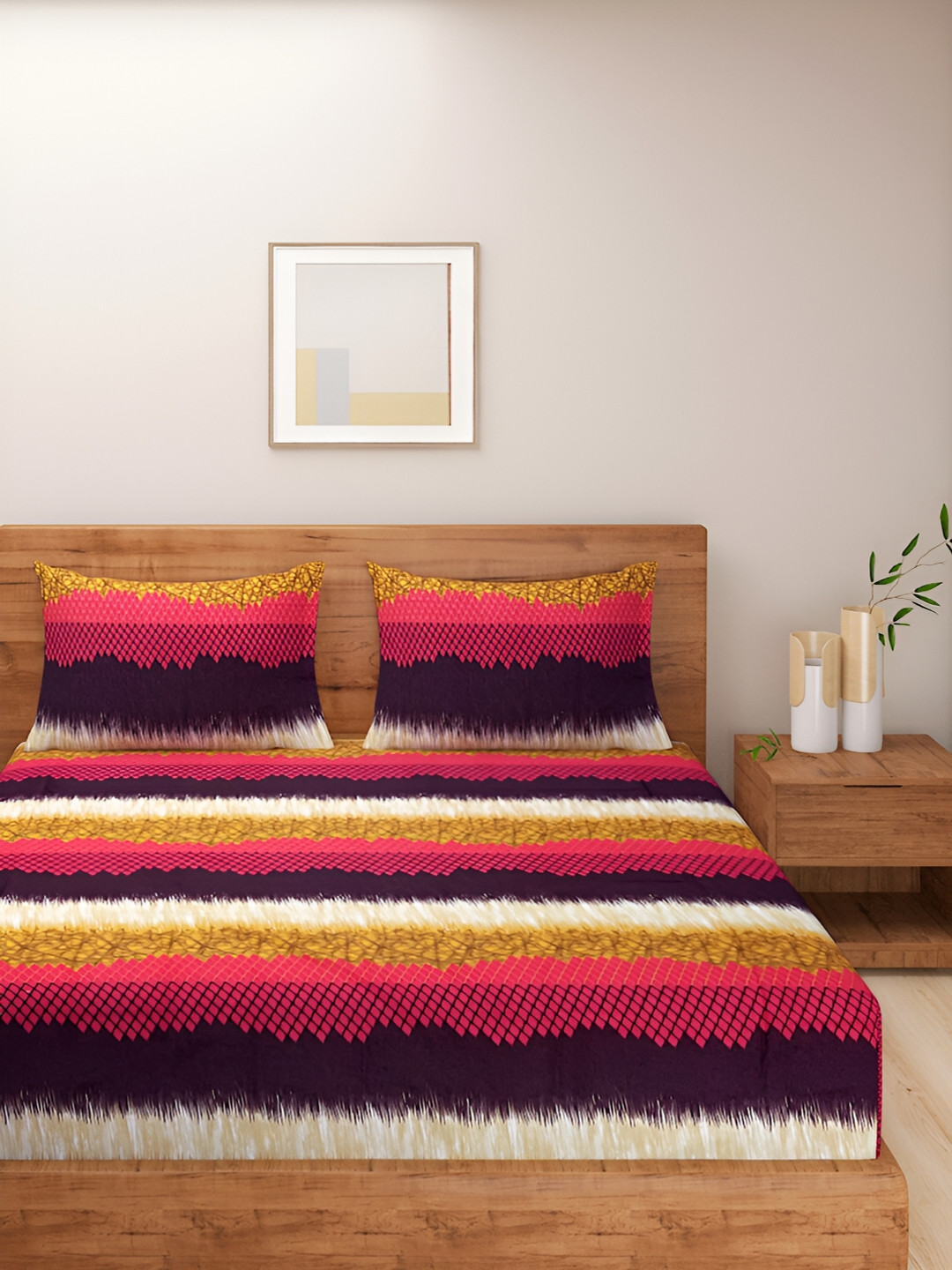 Aura Pink & Dark Brown Geometric Cototn 250 TC Queen Bedsheet With 2 Pillow Covers