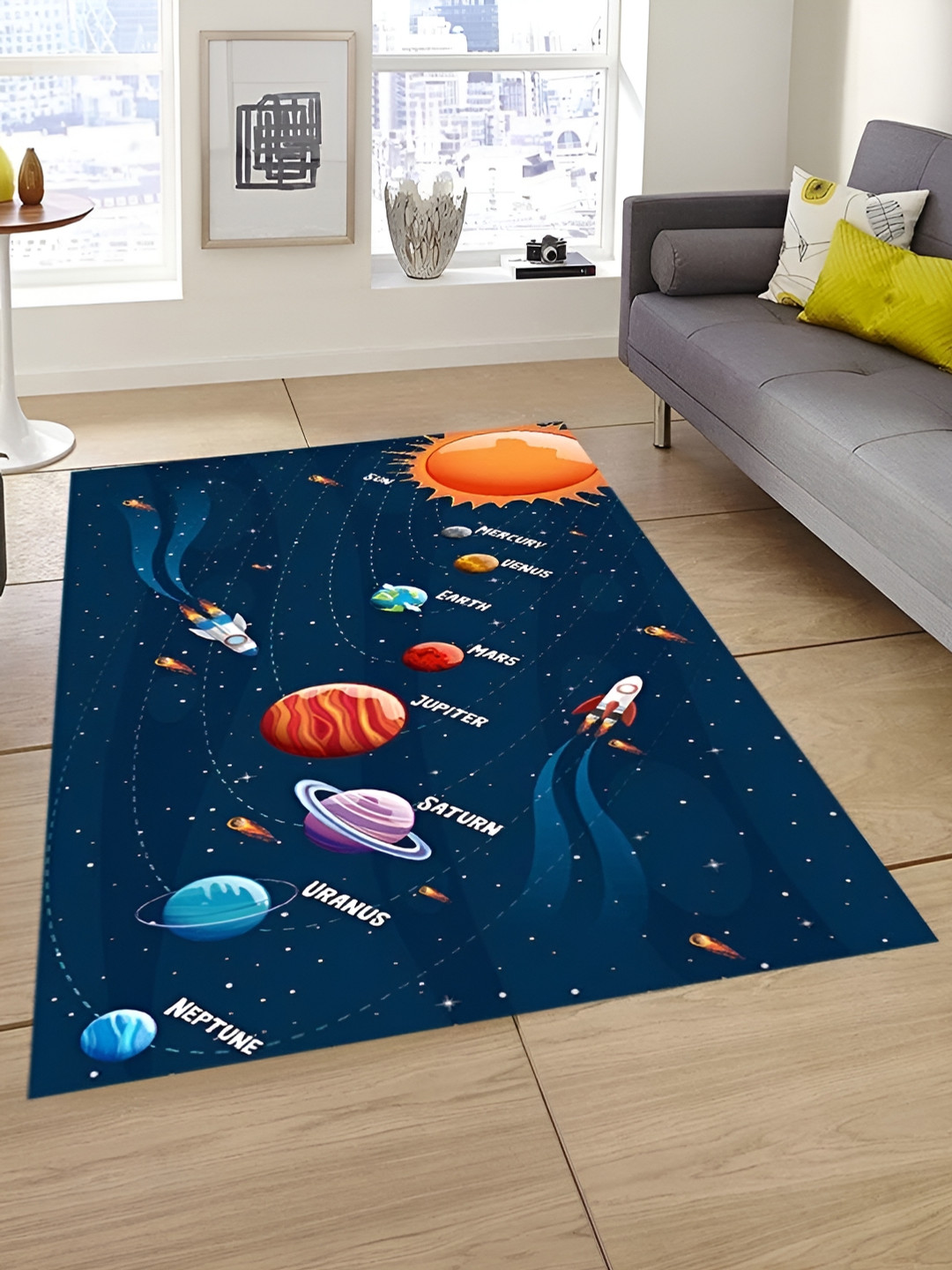 Sparrow world Navy Blue & Orange Solar System Printed Anti-Skid Carpet