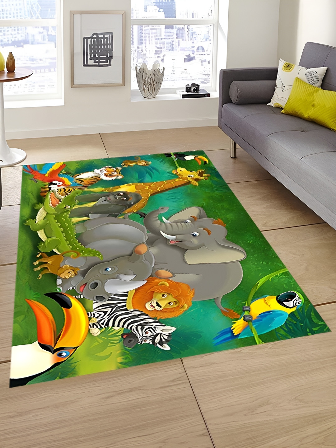 Sparrow world Green & Grey Animal Printed Anti-Skid Carpet