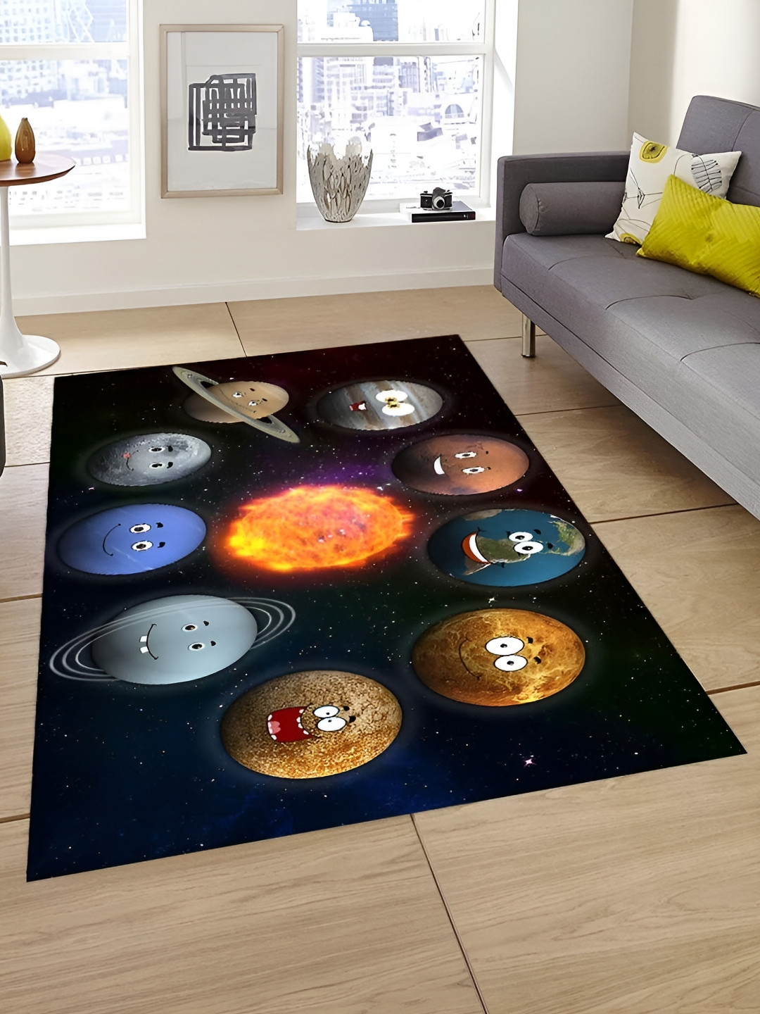 Sparrow world Black & Orange Solar System Printed Anti-Skid Carpet
