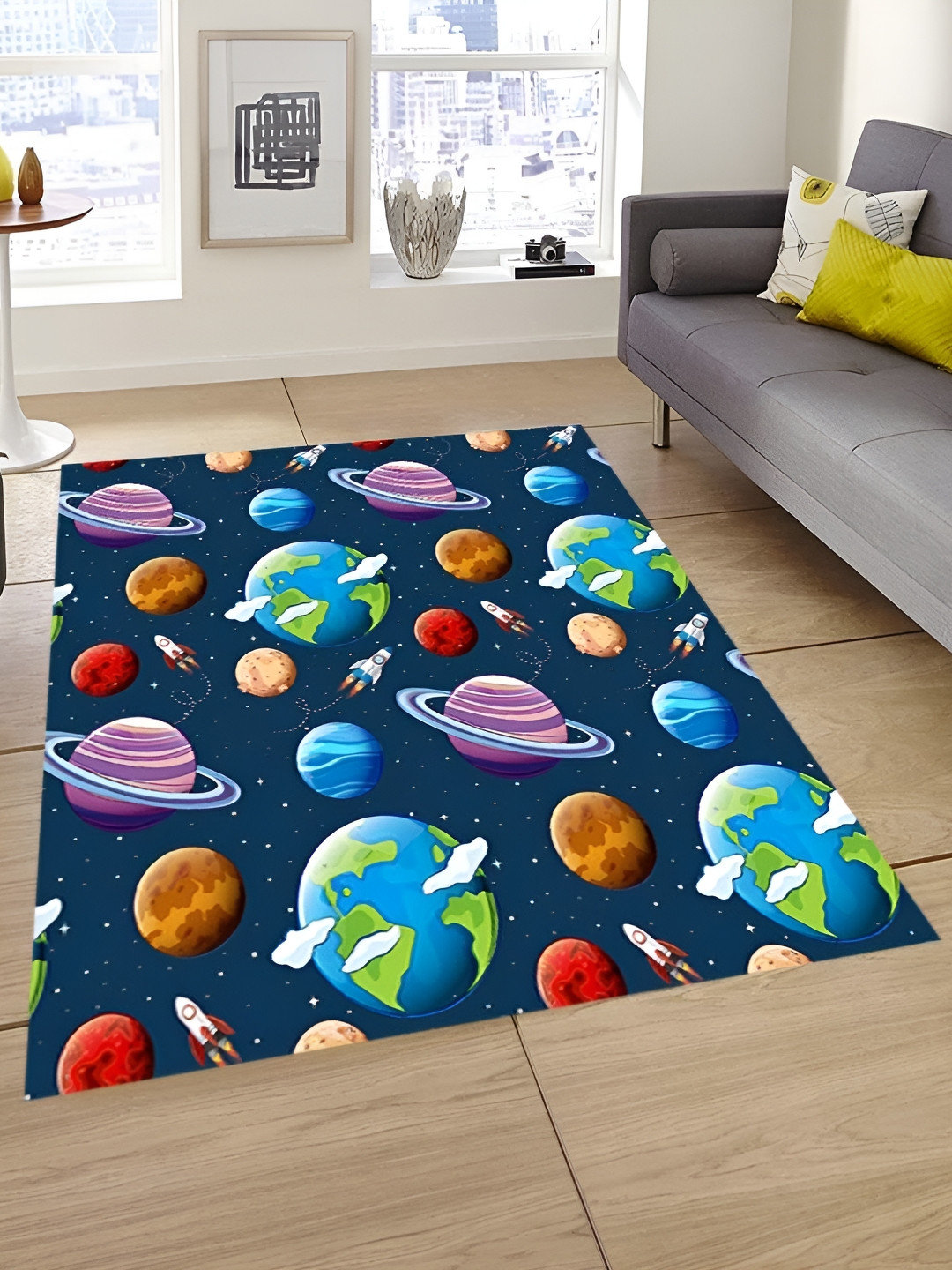 Sparrow world Navy Blue & Purple Solar System Printed Anti-Skid Carpet