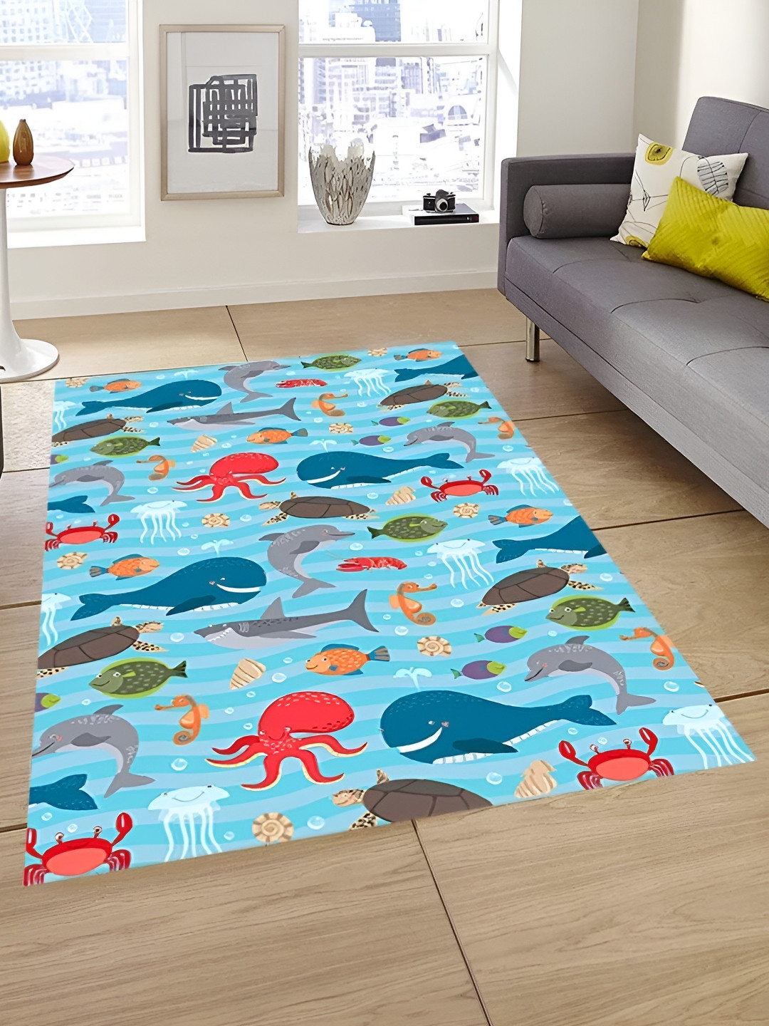 Sparrow world Sea Green & Grey Fish Printed Anti-Skid Carpet