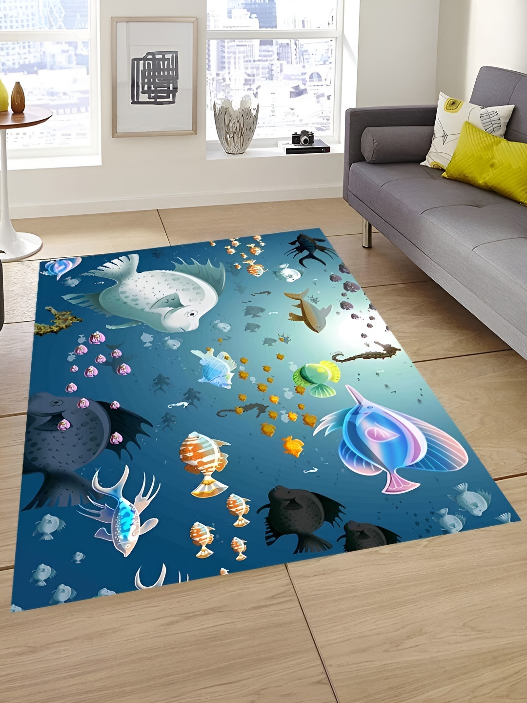 Sparrow world Sea Green & Turquoise Blue Fish Printed Anti-Skid Carpet