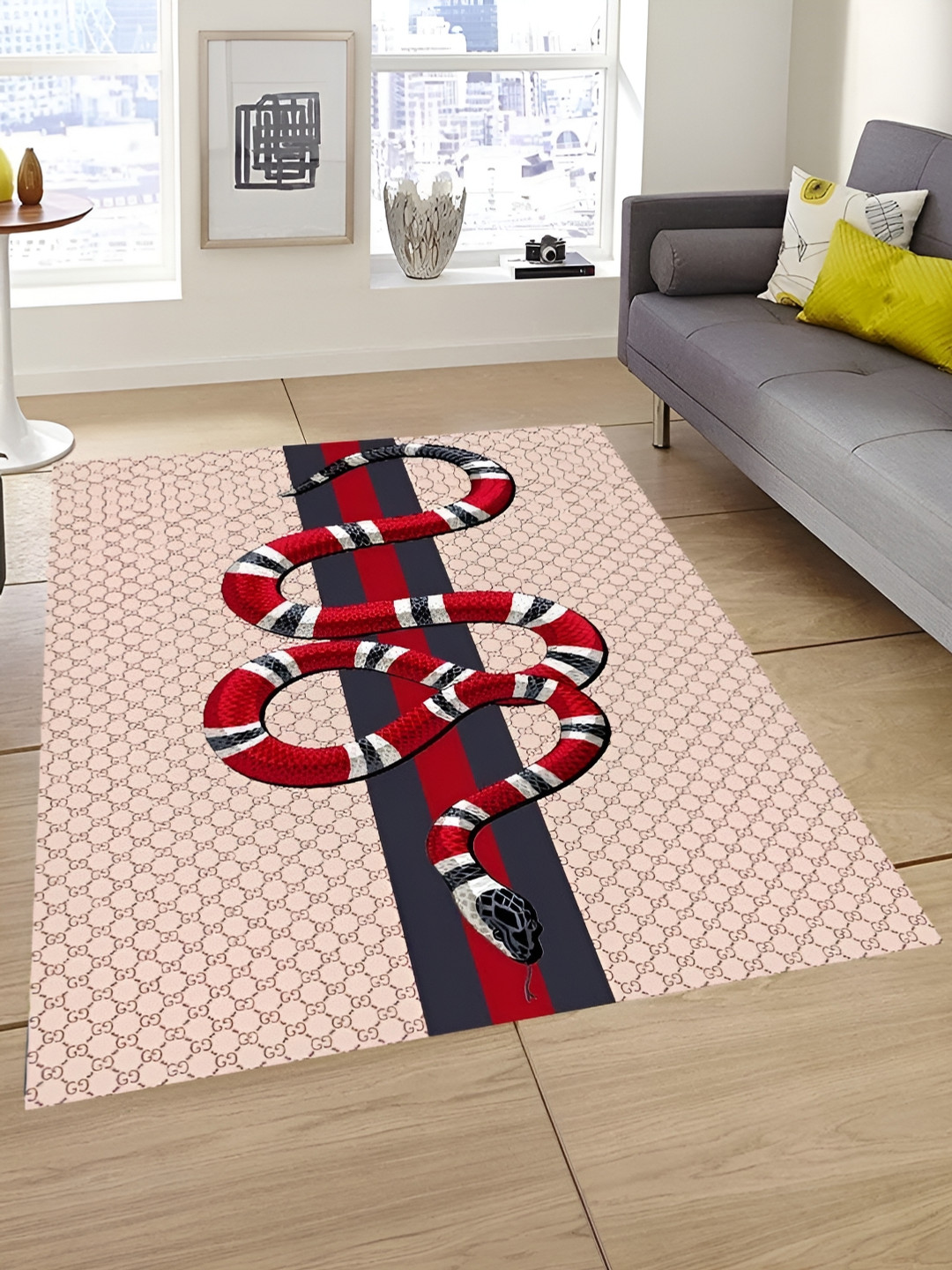 Sparrow world Beige & Red Snake Printed Anti-Skid Carpet