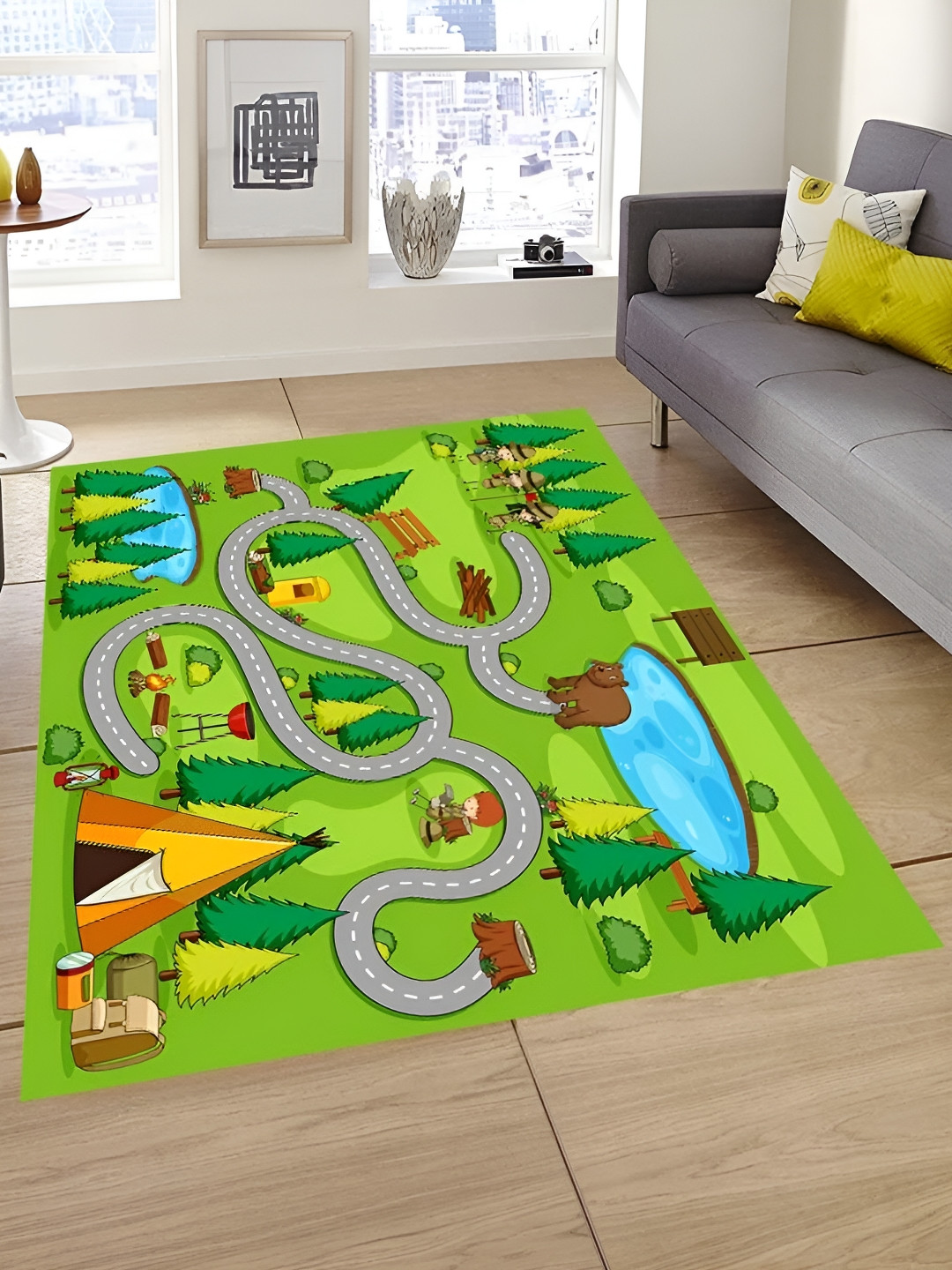 Sparrow world Olive Green & Grey Printed Anti-Skid Carpet