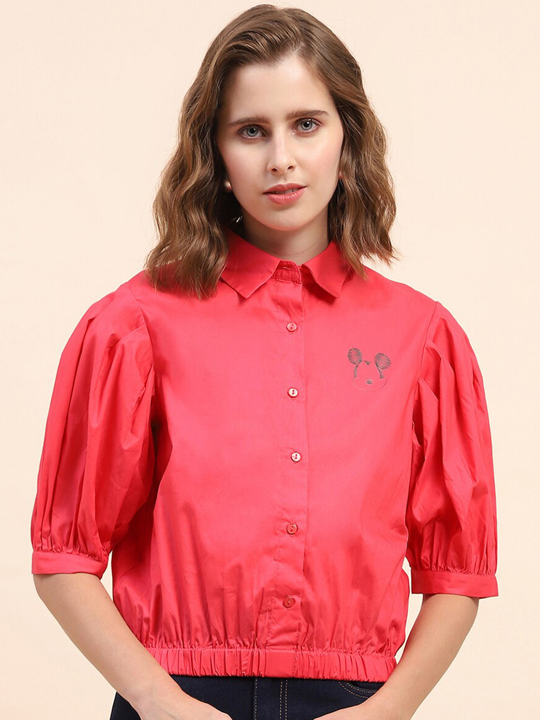CAMLA Mickey Mouse Printed Puff Sleeves Pure Cotton Casual Shirt