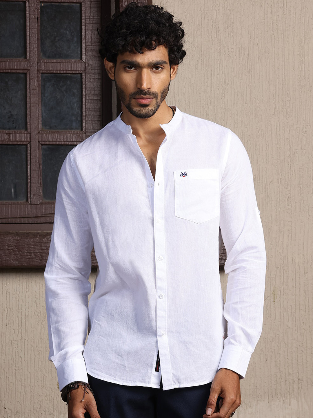 Thomas Scott Mandarin Collar Long Sleeves Premium Cotton Linen Slim Fit Casual Shirt