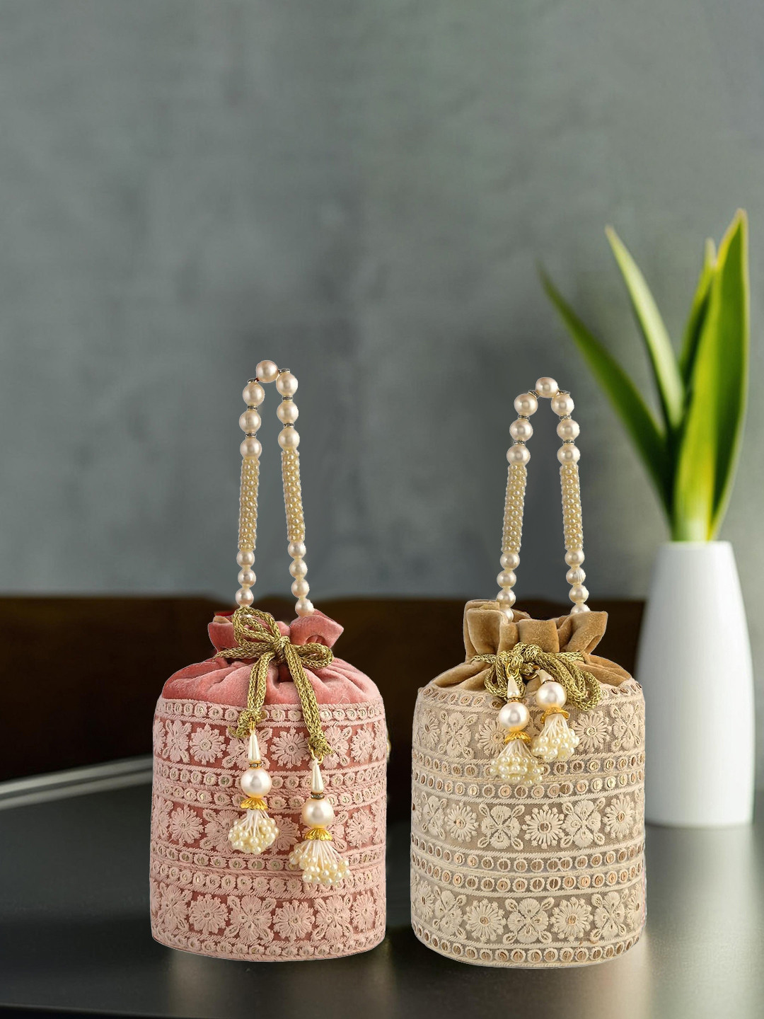 Kuber Industries Set of 2 Lucknowi Embroidered Velvet Potli