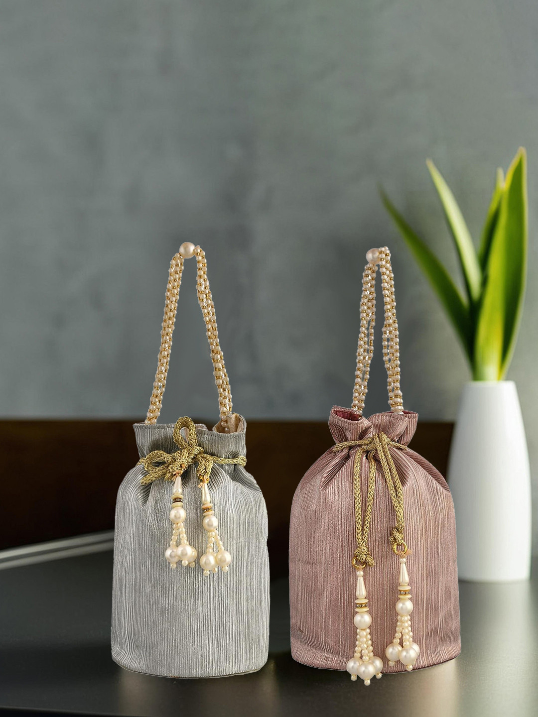 Kuber Industries Set of 2 Textured Embroidered Metallic Shining Potli