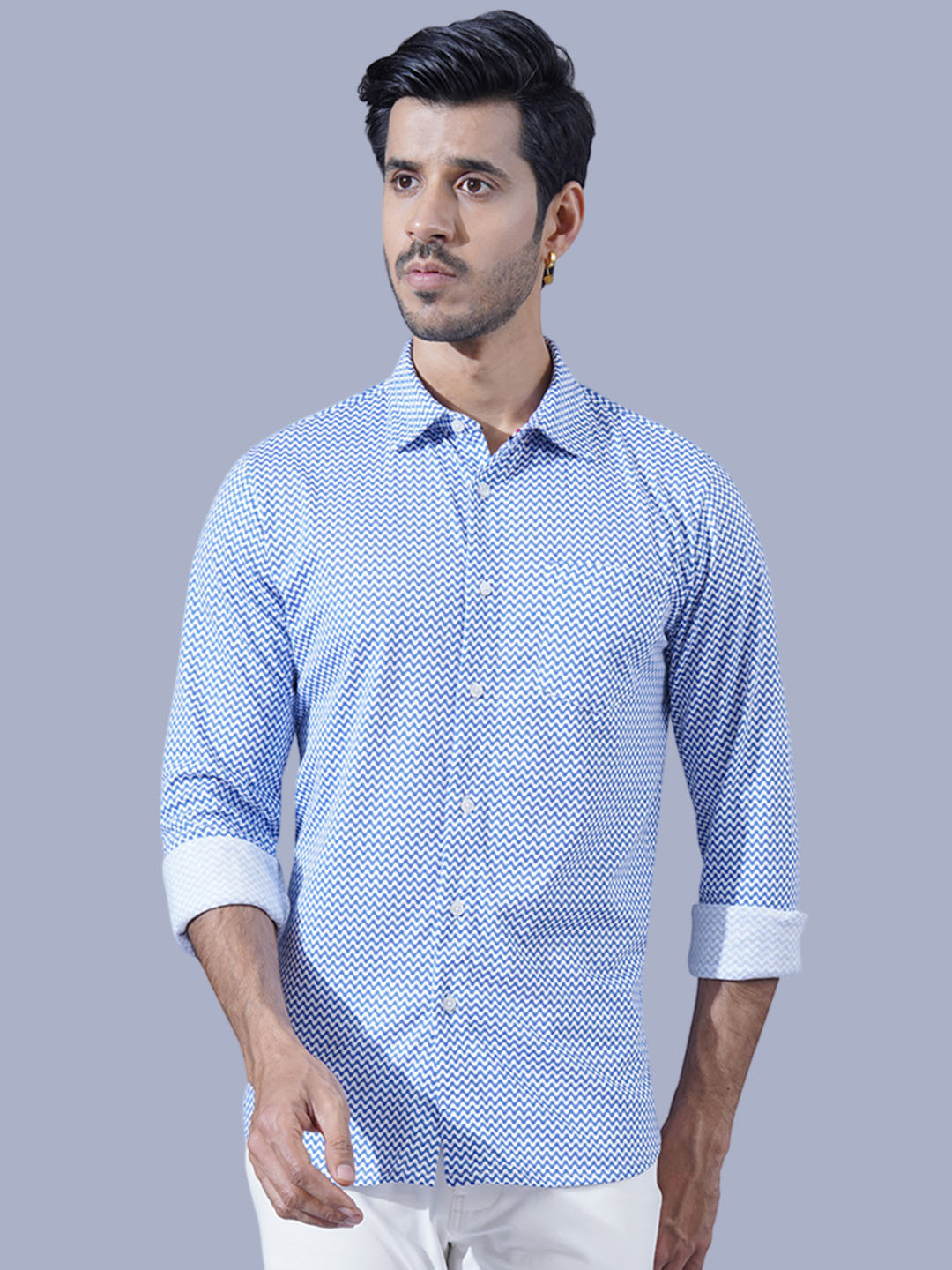 ONE SKY Geometric Printed Knitted Weave Pure Cotton Casual Shirt