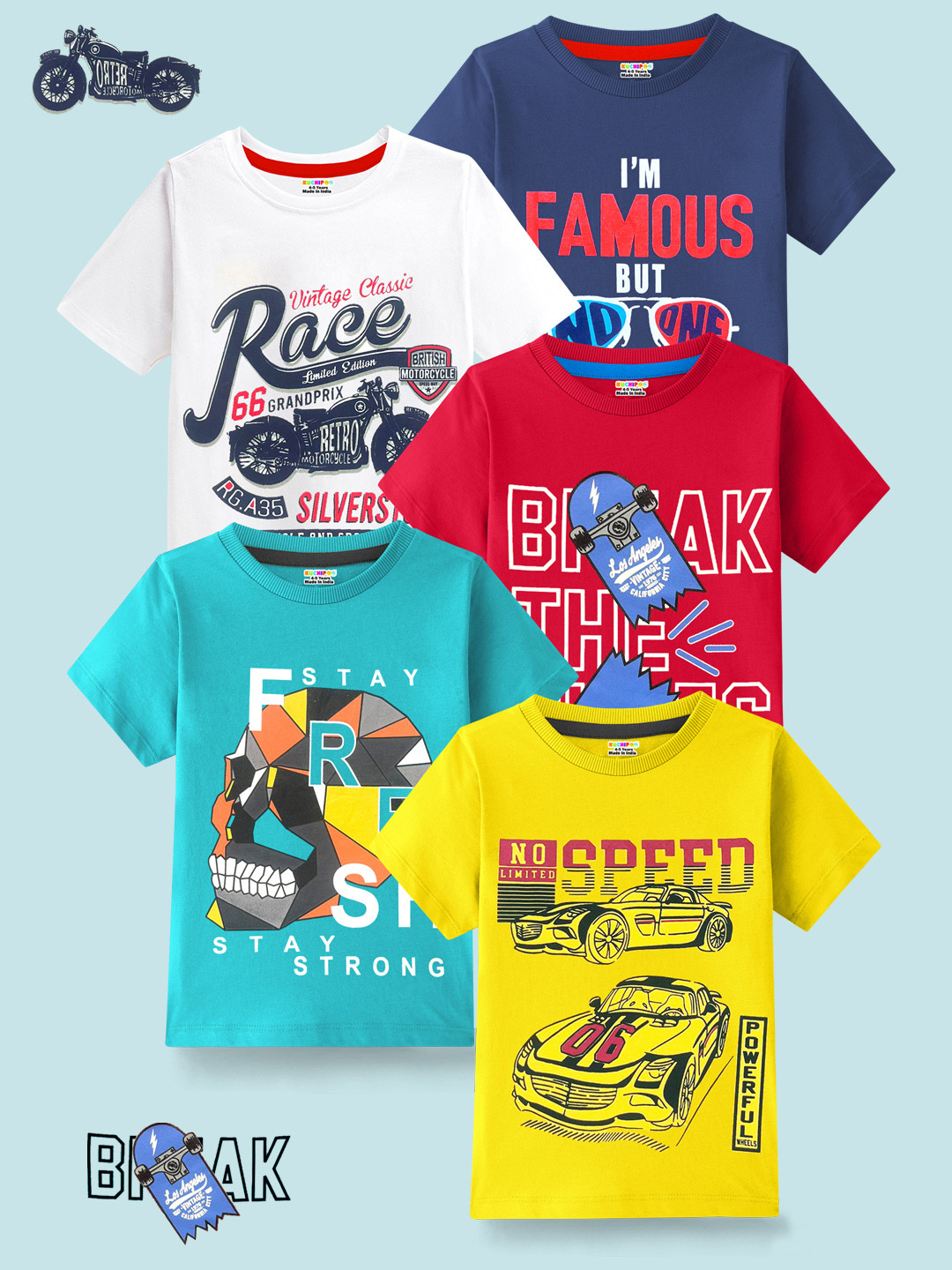 KUCHIPOO Kids Pack Of 5 Typography Printed T-shirts