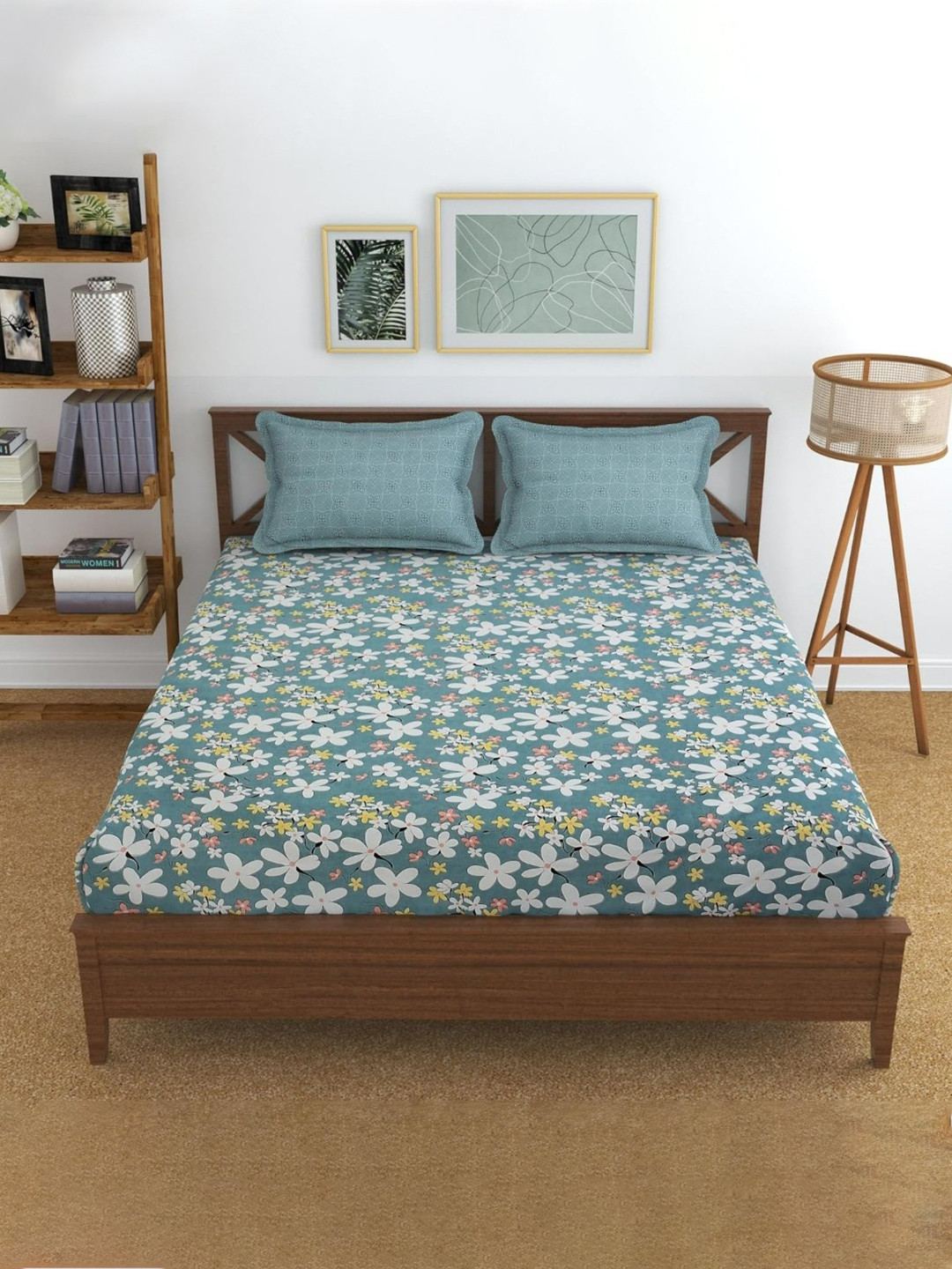 UrbanArts Sea Green Floral Printed Cotton 400 TC King Bedsheet With 2 Pillow Covers