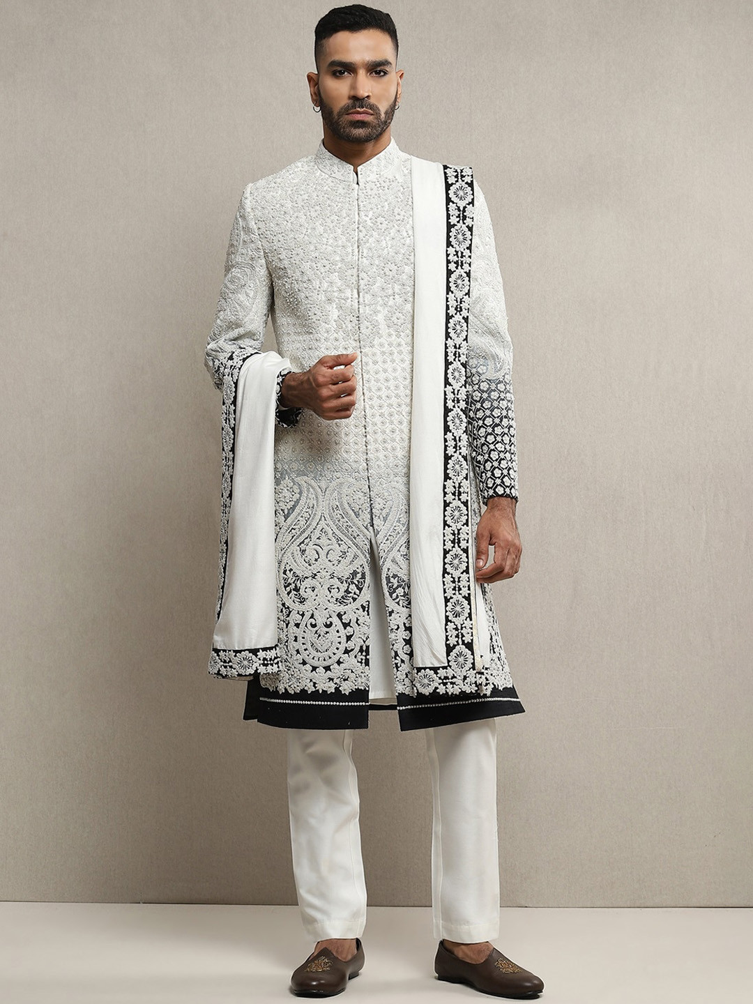 Soniya g Embroidered Aari Dabka Work Sherwani Set