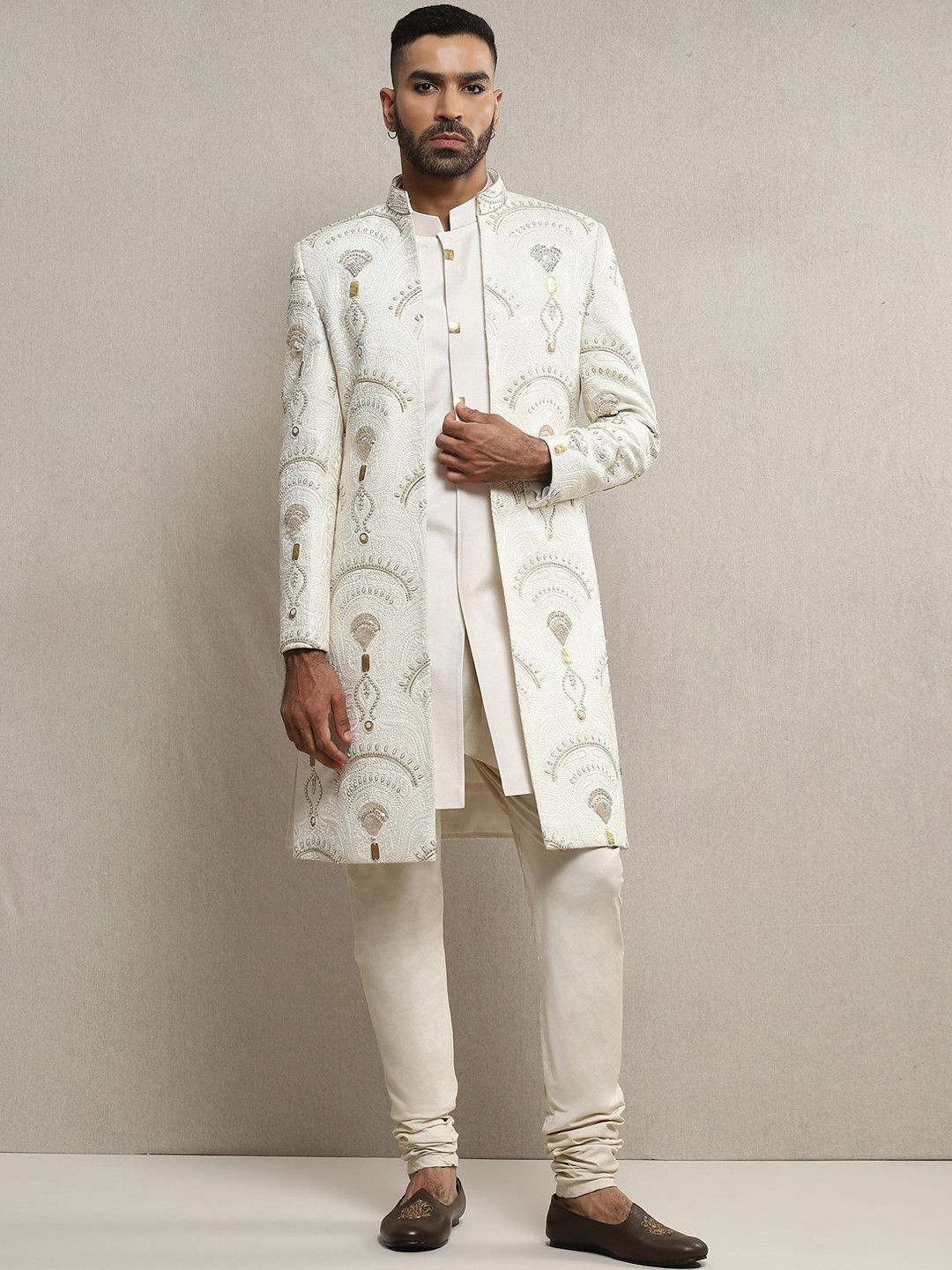 Soniya g Metal Worked Italian Crepe Open Silk Sherwani Set